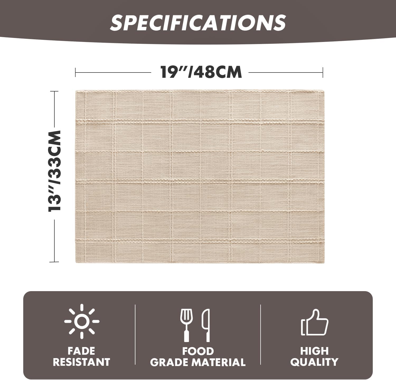 Linen Checked Farmhouse Placemats Set of 6, Neutral Beige 13x19in | Double Layer, Reversible, Thick Textured Table