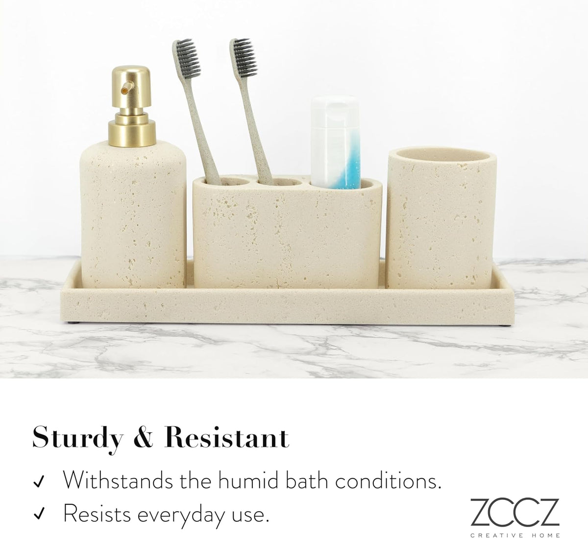 Beige Bathroom Accessories Set 4 Pcs - Toothbrush Holder, Soap Dispenser, Vanity Tray, Bathroom Tumbler - Countertop