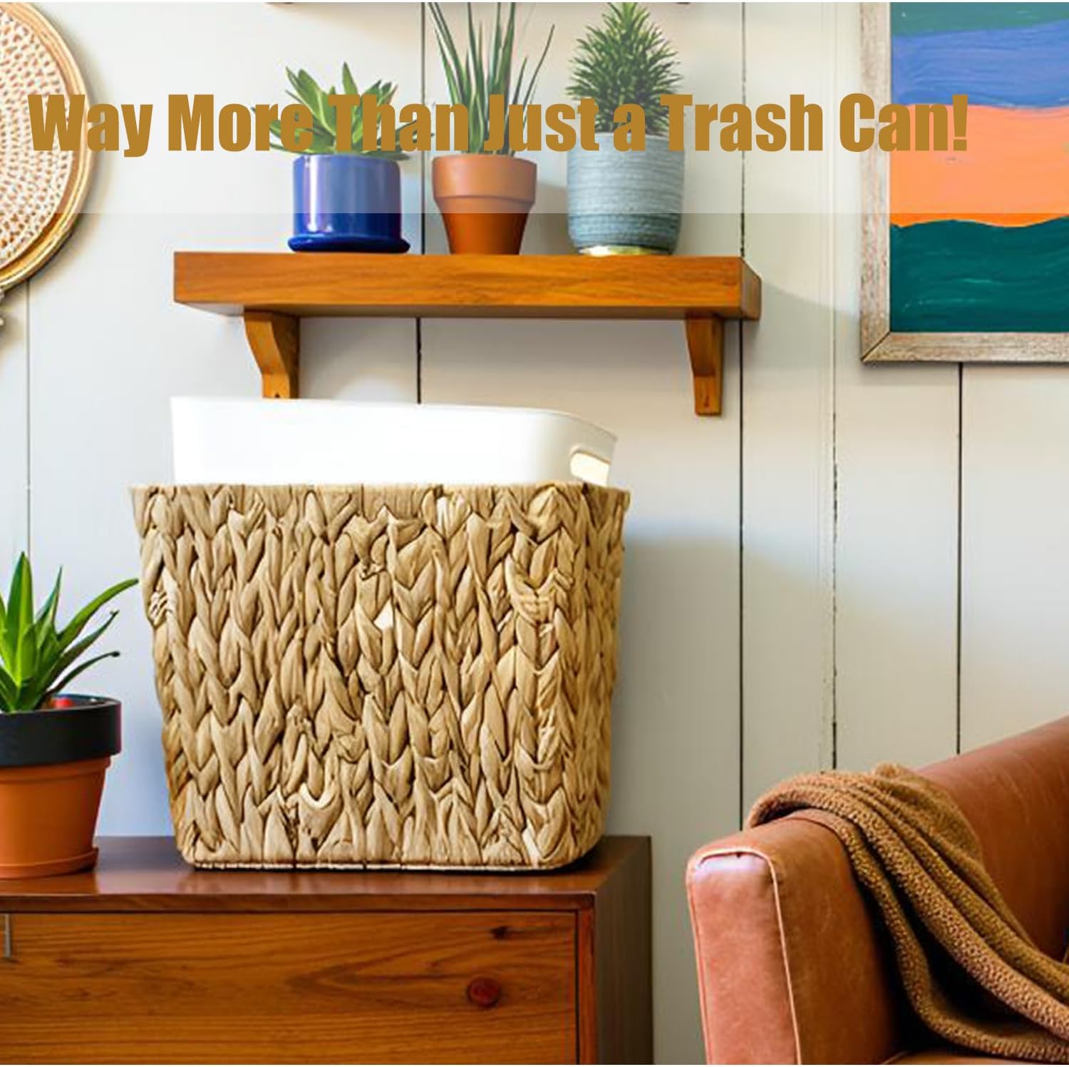 Boho Waste Basket / Wicker Trash Can Small Bathroom Trash Can