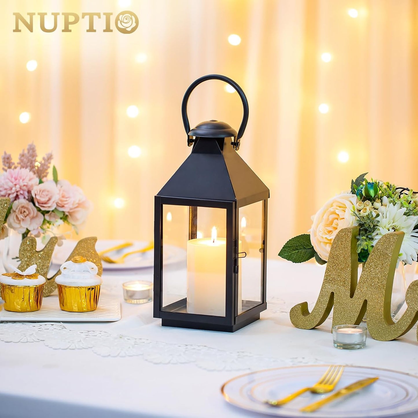 NUPTIO Black Decorative Candle Lantern: Metal Pillar Candle Holders | 10.2" Tall Hanging Lanterns for Table Centerpiece