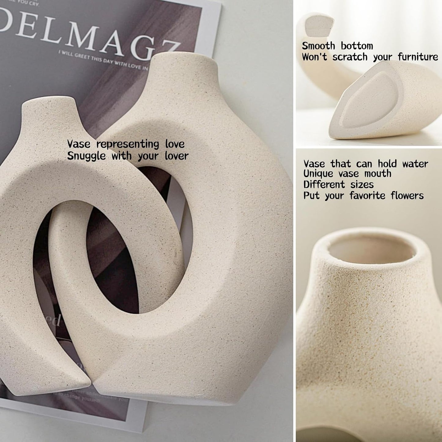 Snuggle Hollow Ceramic Donut Vase / Beige L / Set of 2