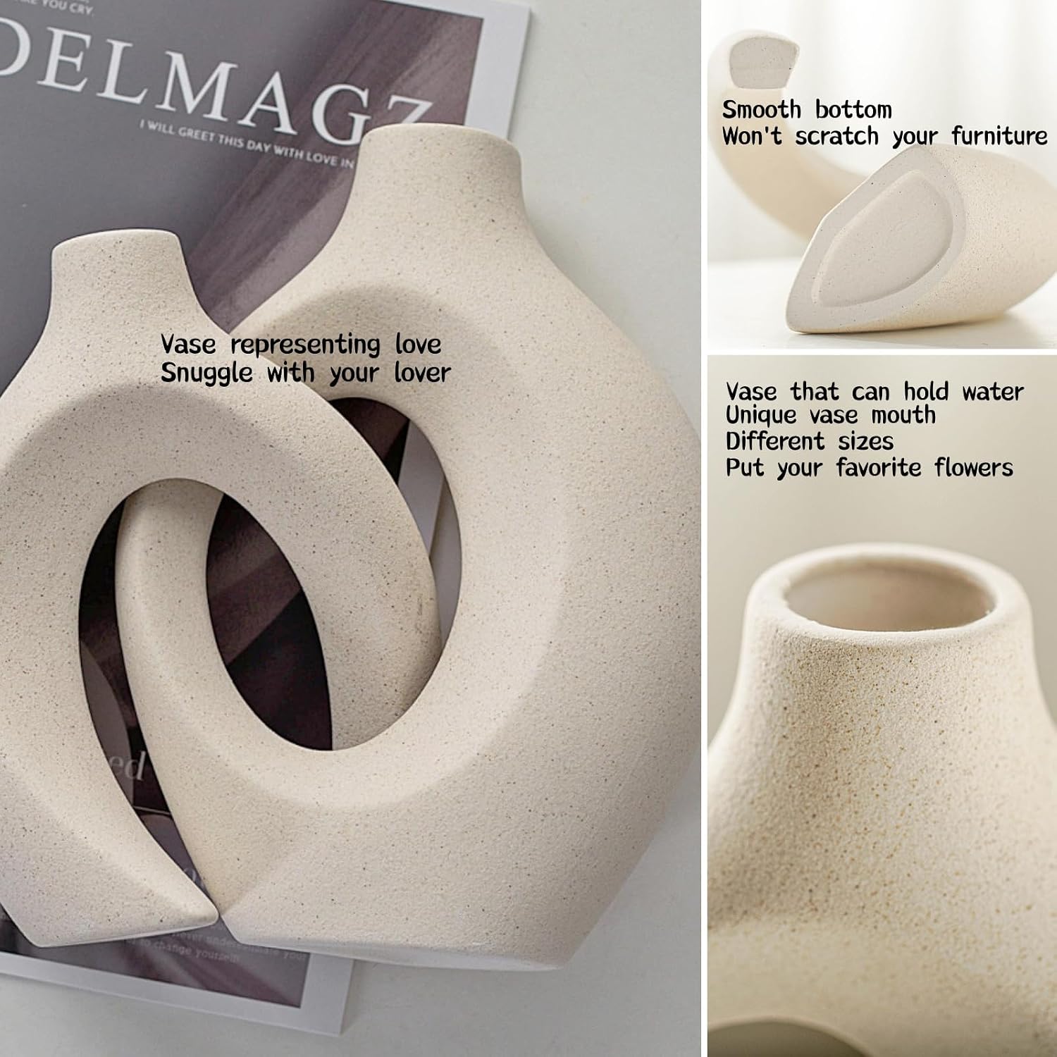 Snuggle Hollow Ceramic Donut Vase / Beige L / Set of 2