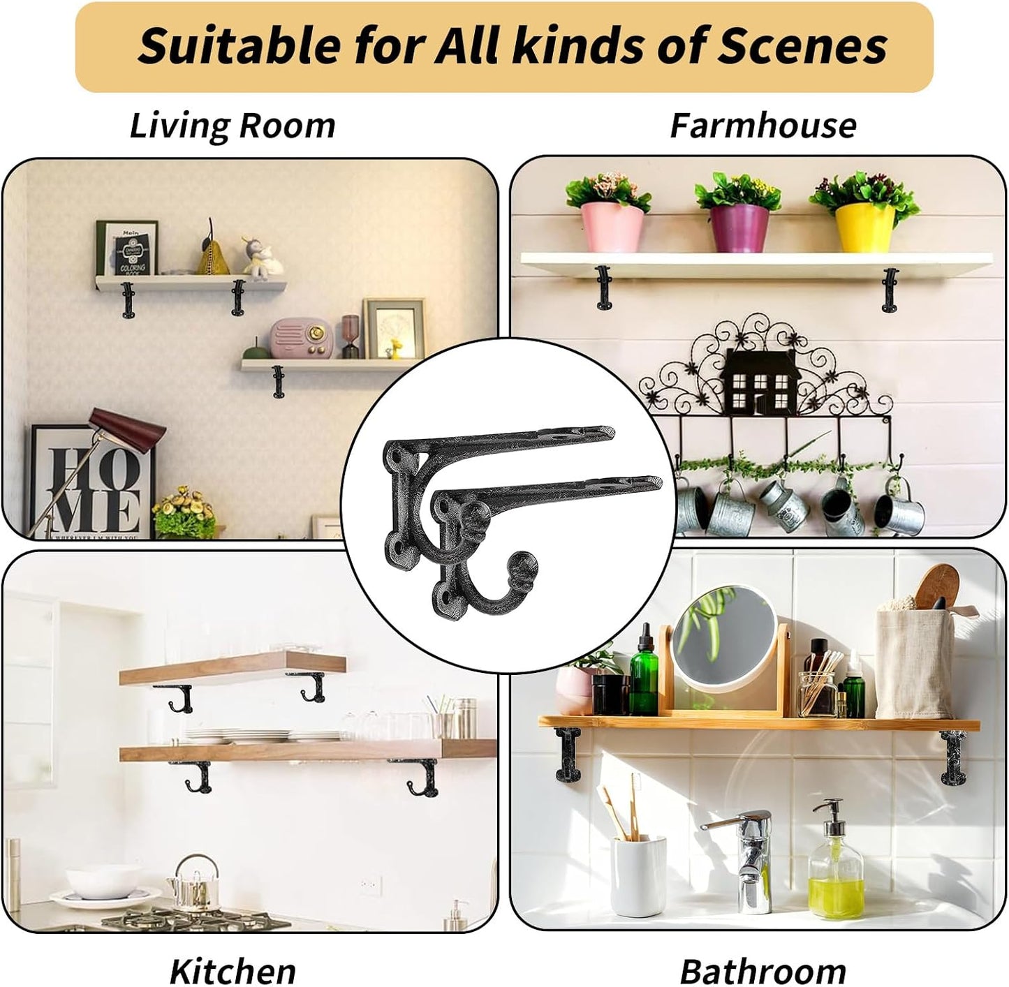 Hooks / Rustic Shelf Brackets / 4'' Bracket / Black / 4 Inch / Set of 4