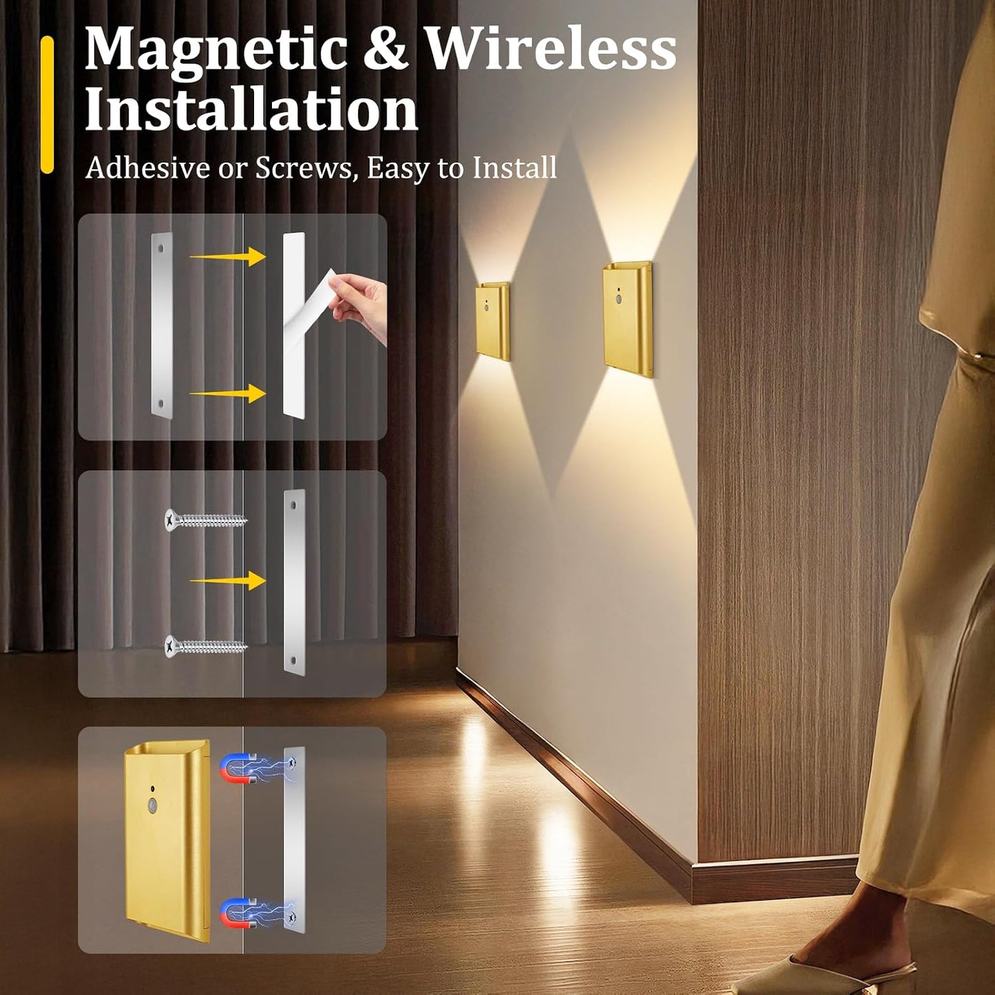 Eneru Motion Sensor Wall Sconce, Rechargeable Wireless Lights Indoor 2 Pack | 5000mAh Battery Powered, Remote 3CCT