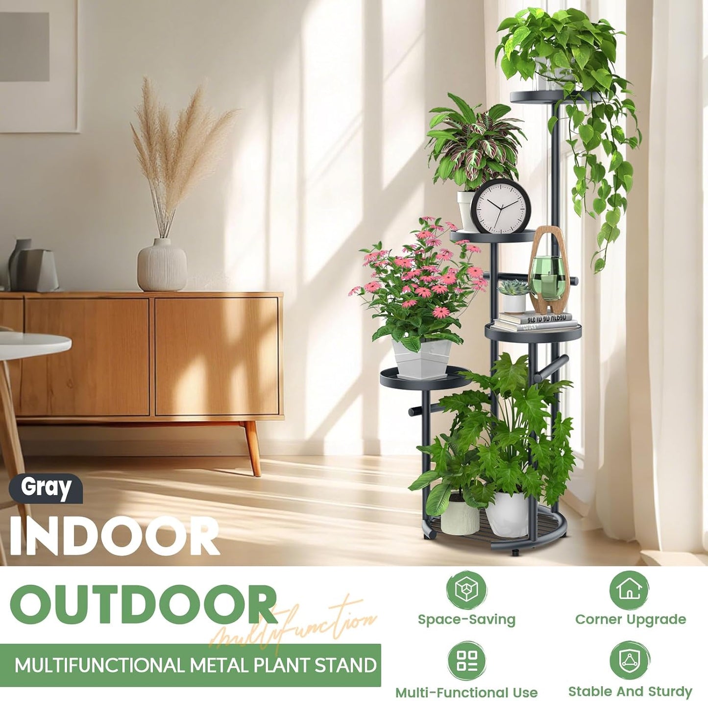 TOSKING Tall 5-Tier Round Metal Corner Plant Stand Indoor, Anti-Tip, Gray | 37.7-Inch Height, Space-Saving Design