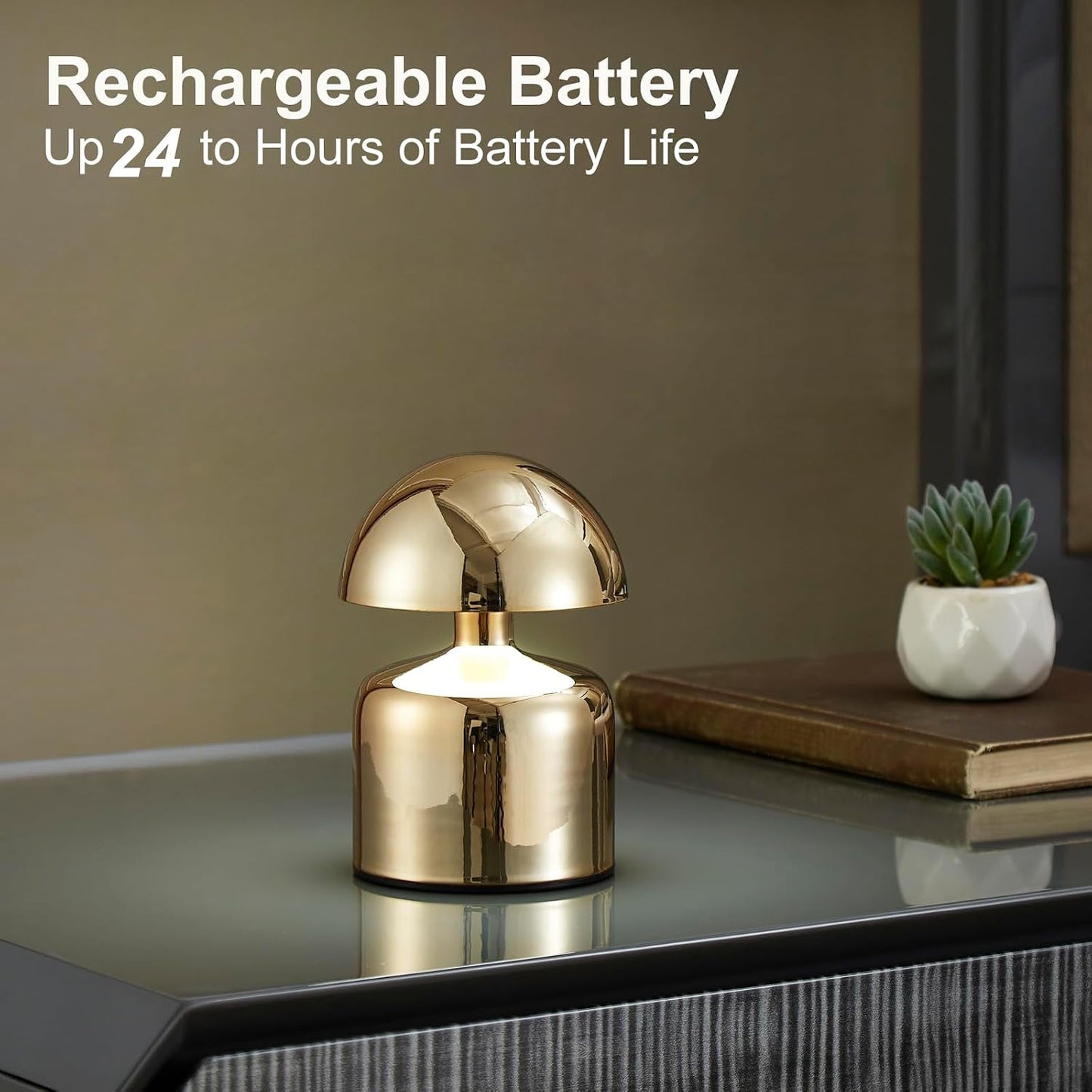 SAIWEYA Modern Cordless Mushroom Small Table Lamp, Dimmable Touch Battery | 3-Way Dimmable, Mini Rechargeable LED Desk