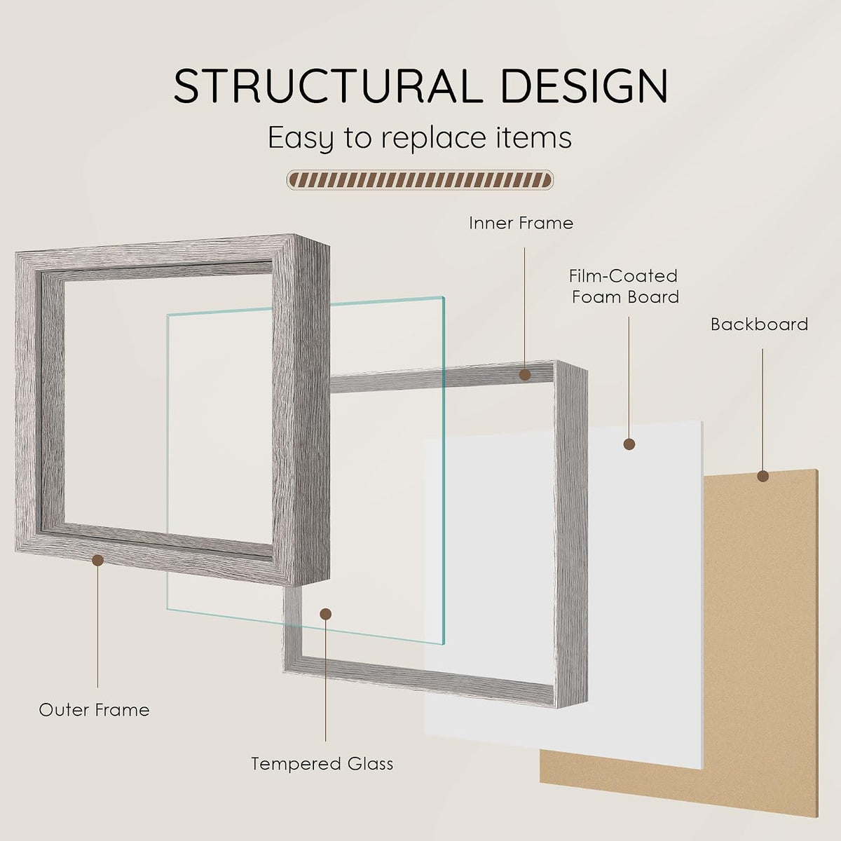 10x10 Gray Wooden Shadow Box Frame, Tempered Glass, 2 Pack | Black Backboard, Tabletop & Vertical/Horizontal Wall