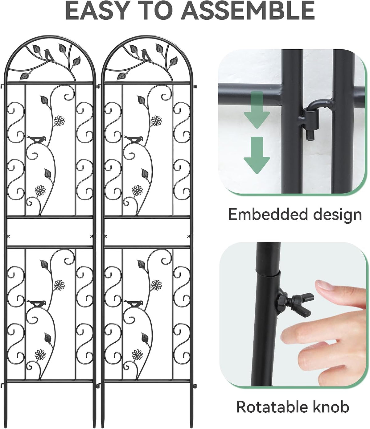 2-Pack 87" x 20" Daisy & Bird Arch Black Metal Garden Trellises | Set of 2 rust-resistant metal trellises with bird