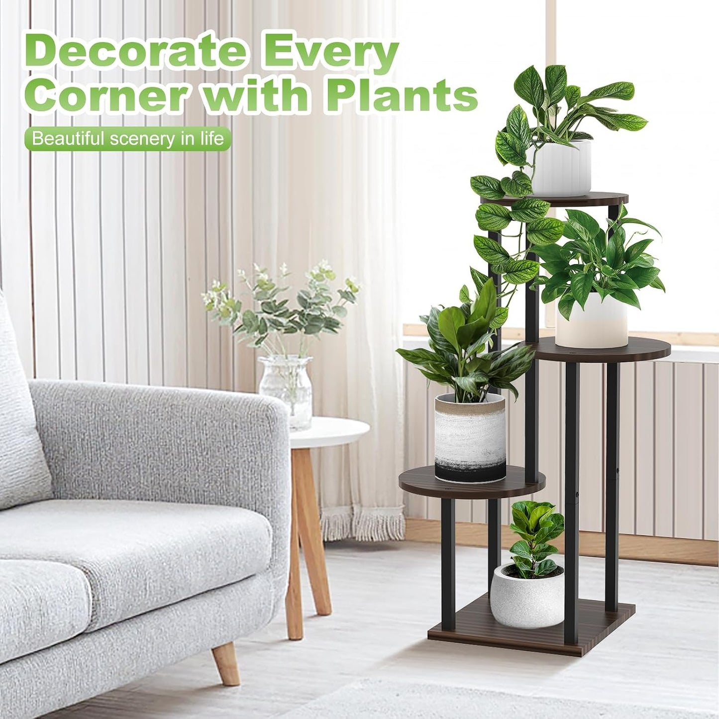 4 Tier Wood Tall Plant Stand Metal Rack Indoor, Multiple Flower Pot Holder Shelves Corner Rack, Round Planter Shelf