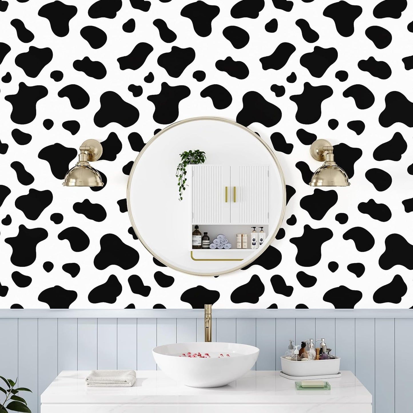 Cow Printed Peel and Stick Wallpaper and White Contact Paper / Vinyl / 17.5 x 102 / Black