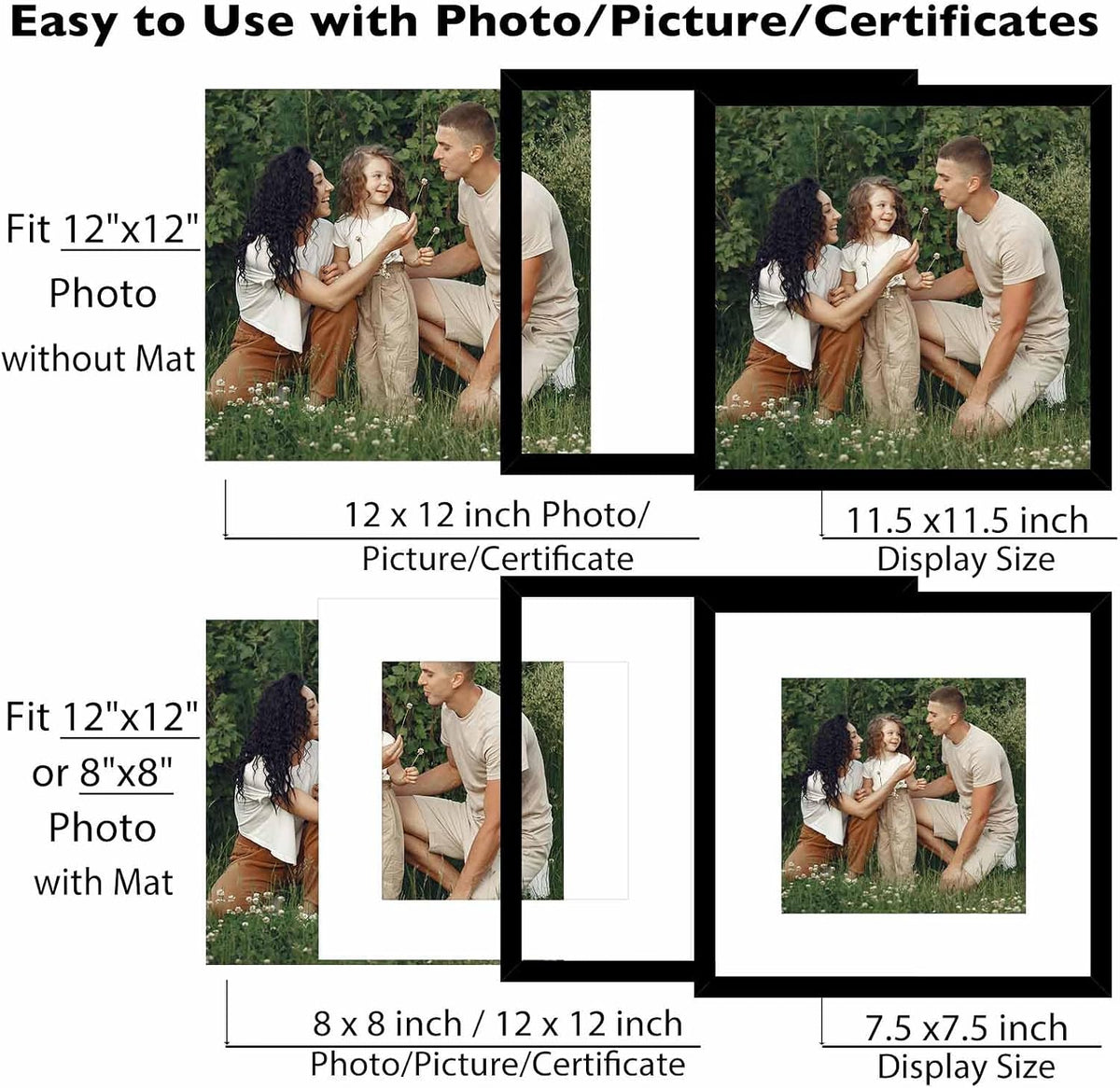 JCJMY 12 Pack 12x12 Picture Frame with 8x8 Mat, Display 8x8 with Mat or 12x12 Without Mat, 12 by 12 Frames Bulk Set of