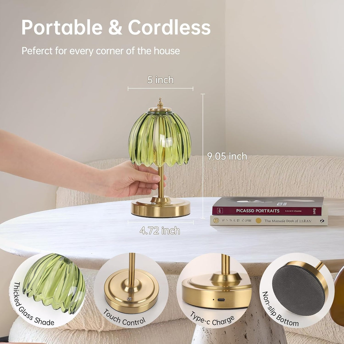 Shenmoyl Tulip Small Table Lamp, 5200mAh Cordless Touch Control Mini Table Lamp with 3 Color Temps & Stepless Dimming
