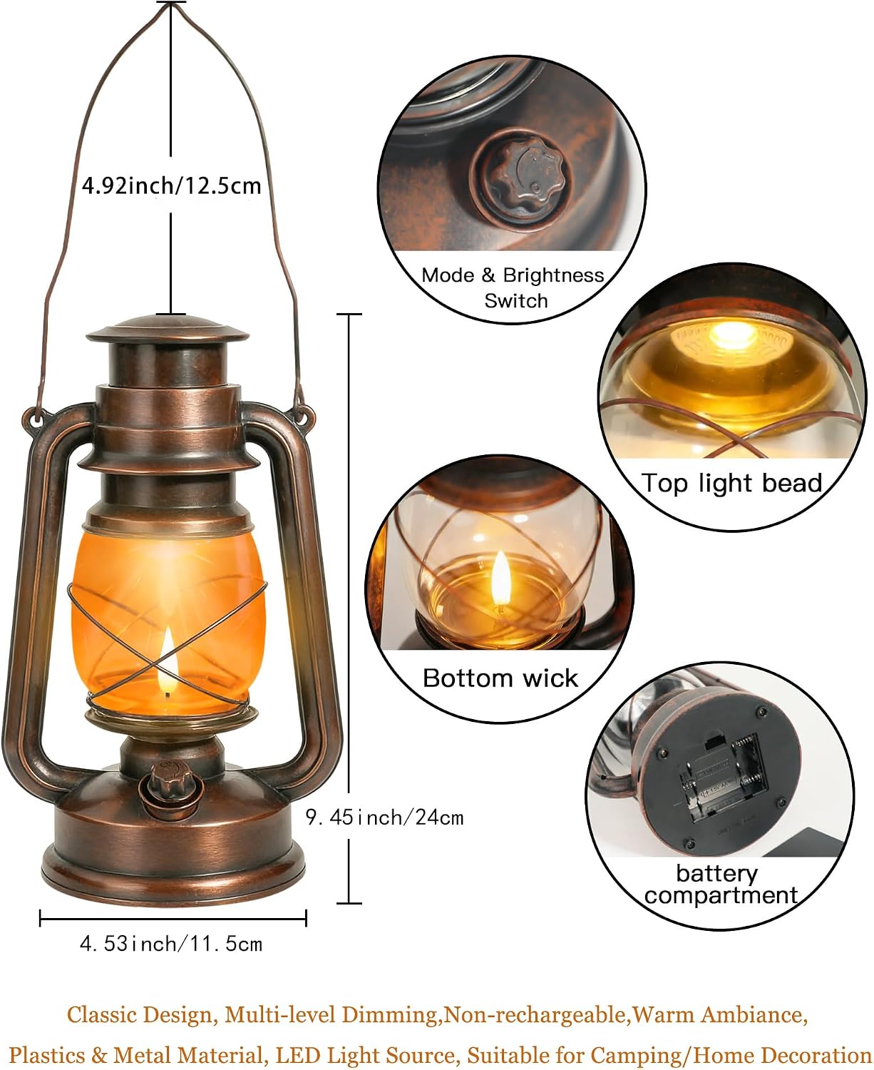 2 Pack Battery Operated Vintage Hanging Lanterns, IP65 Waterproof | 2 Modes (Steady & Flickering), Battery Included