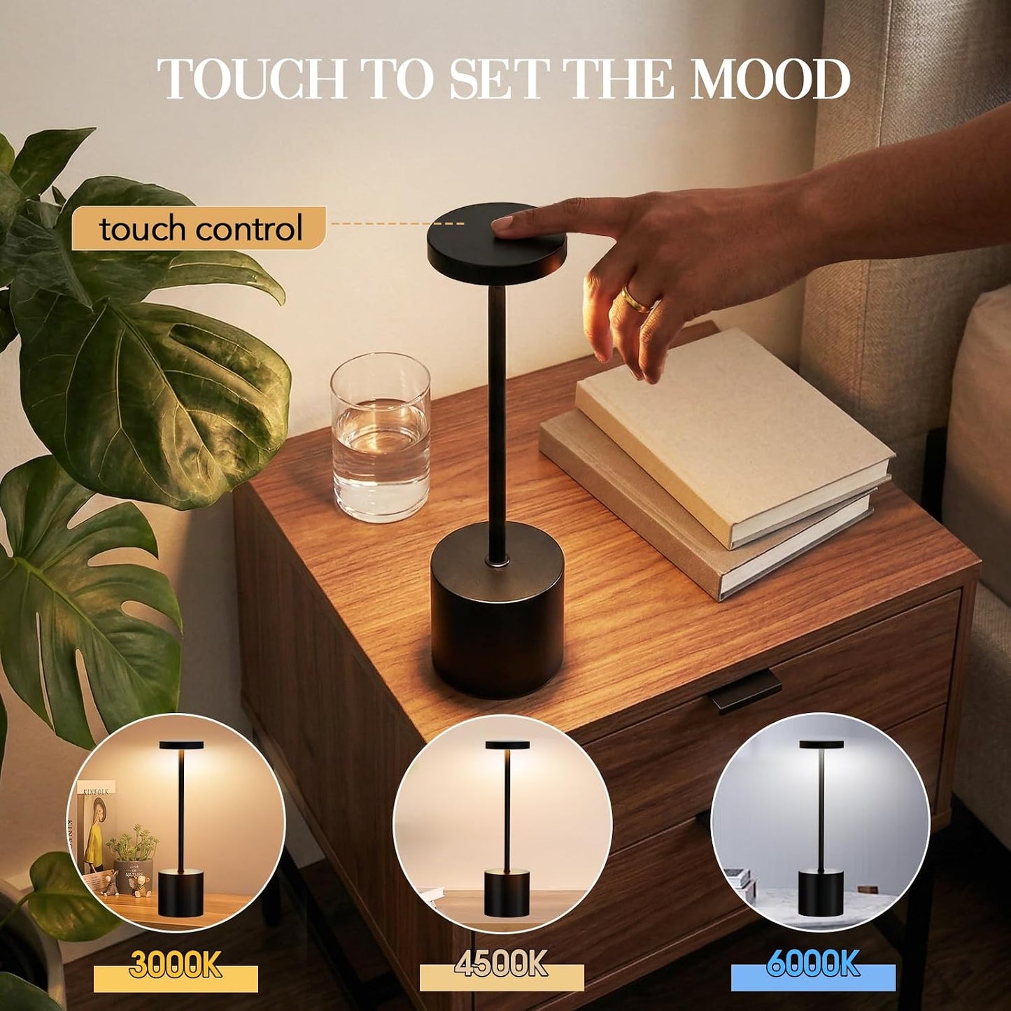 Cordless Table Lamp Set of 2, 5000mAh Rechargeable Lamp with Touch Control & Stepless Dimming, 3 Light Modes, IP54