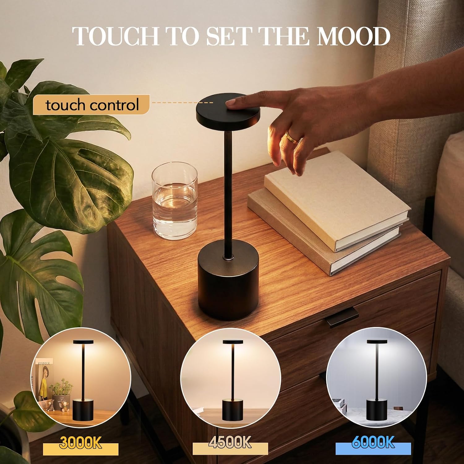 Cordless Table Lamp Set of 2, 5000mAh Rechargeable Lamp with Touch Control & Stepless Dimming, 3 Light Modes, IP54