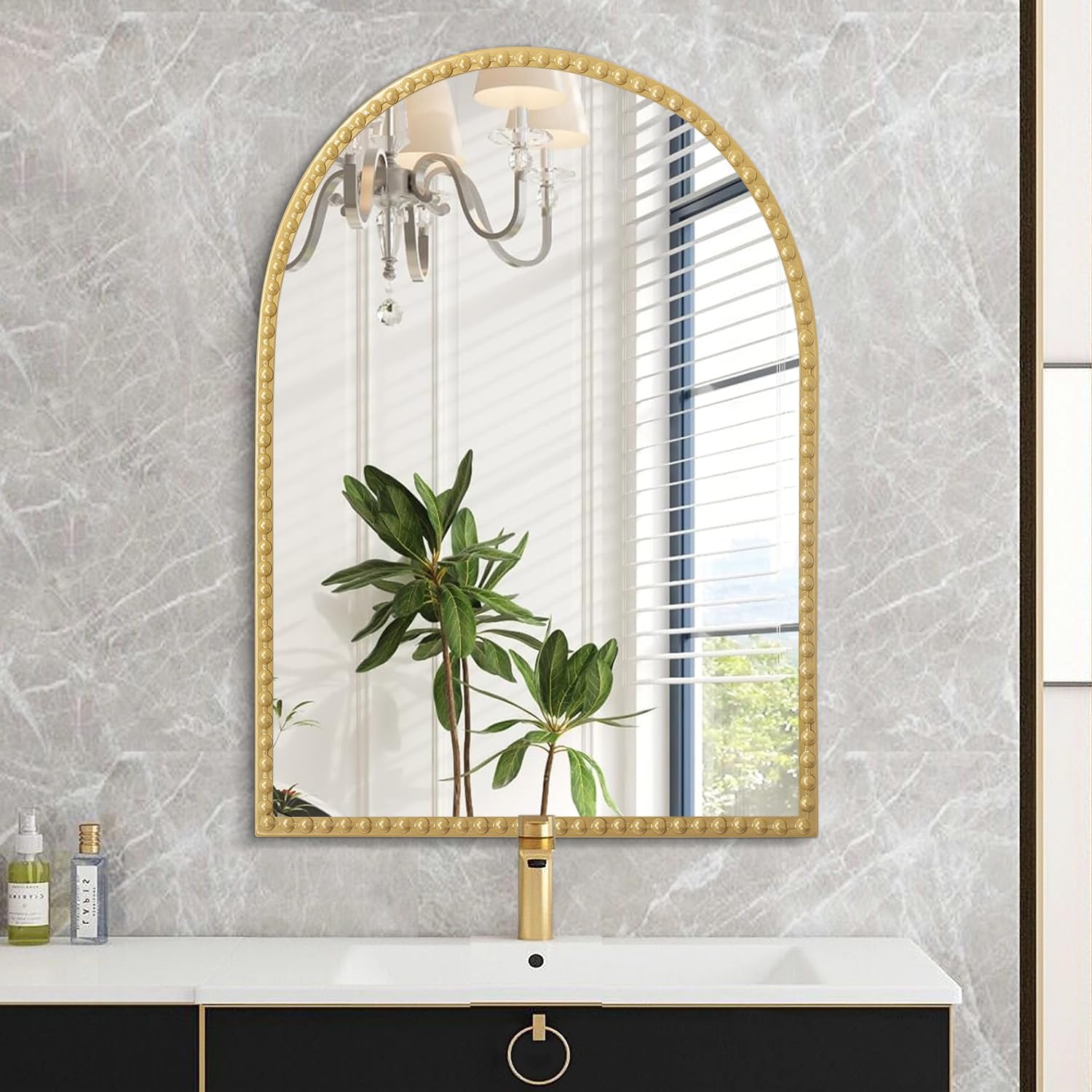 Beaded Framed Metal Accent Wall Mirror Decorative Bathroom Living Room Bedroom / 30"L x 20"W / Gold