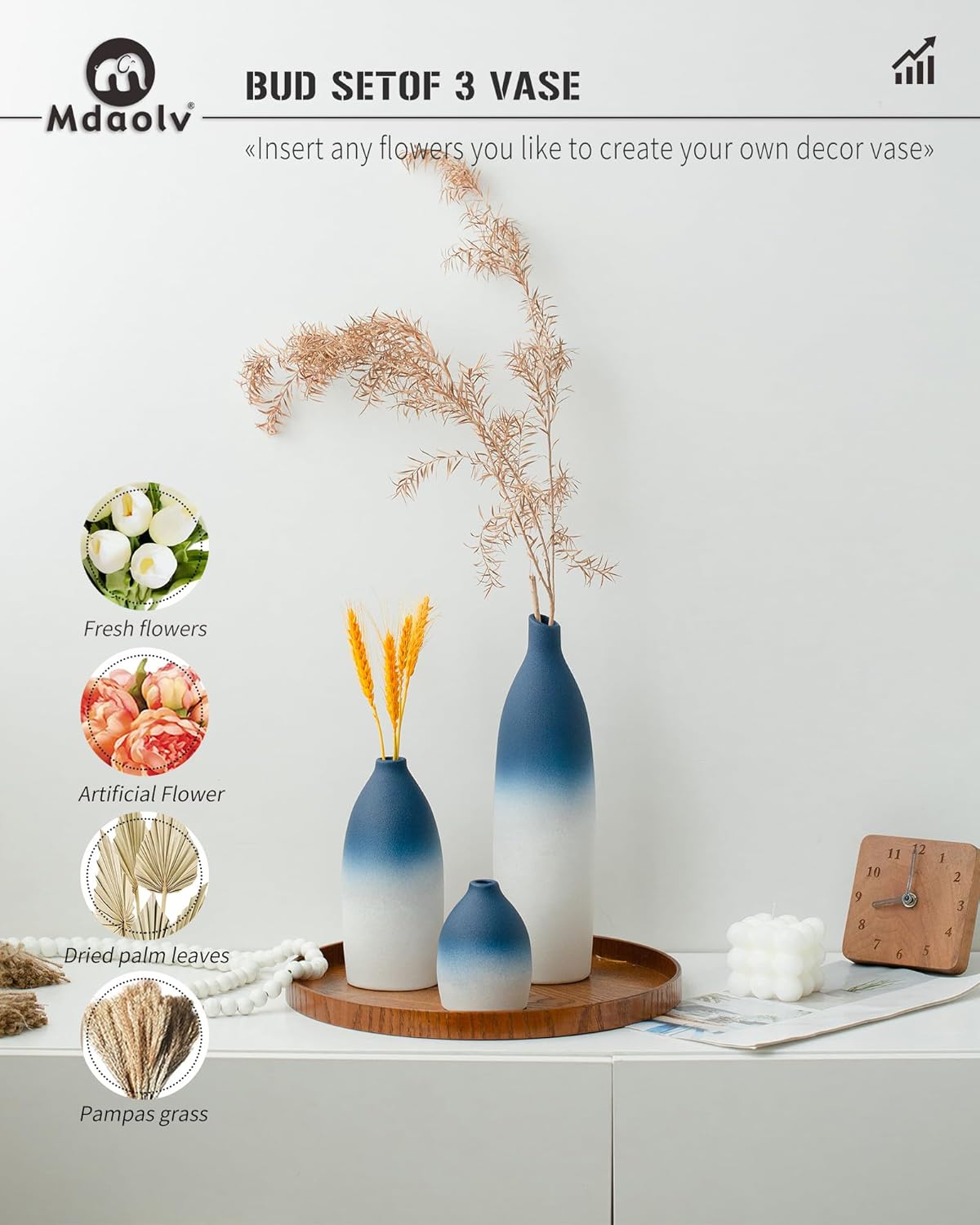 Blue and White Vase Set Navy Blue Decor Coastal Decor Vases / White and Blue
