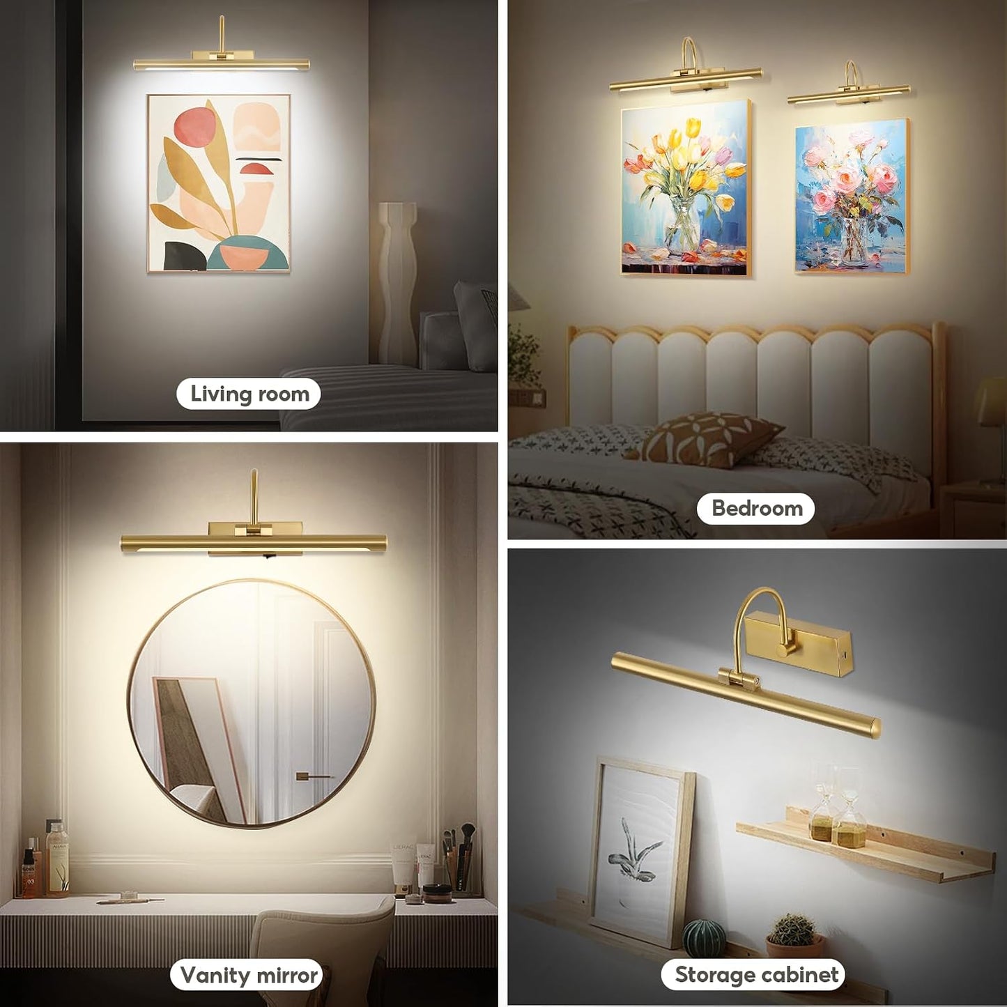 24" Wireless Battery Operated Picture Light for Wall Brass Gold Rechargeable Wall Light with Remote and Timer 9000mAh
