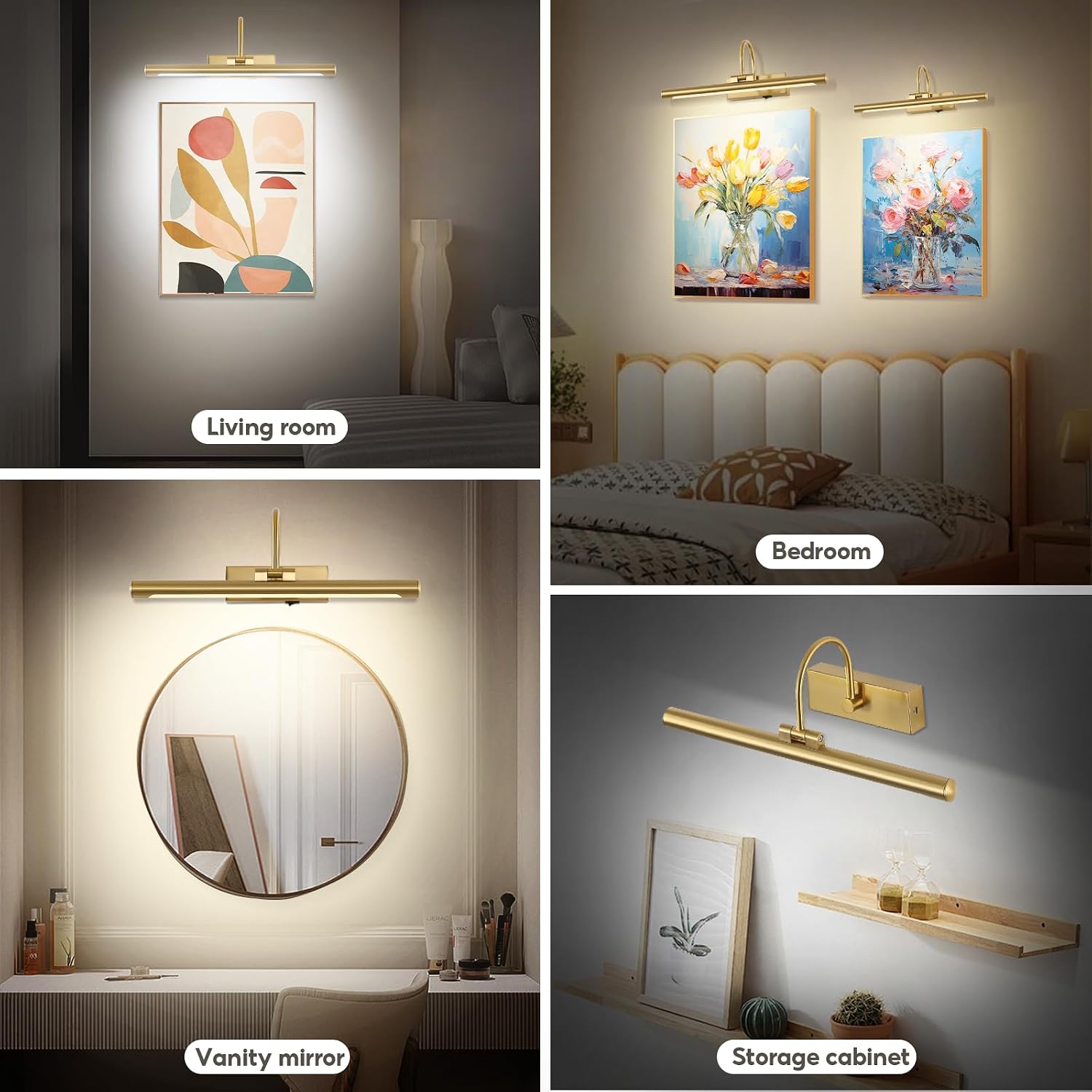 24" Wireless Battery Operated Picture Light for Wall Brass Gold Rechargeable Wall Light with Remote and Timer 9000mAh