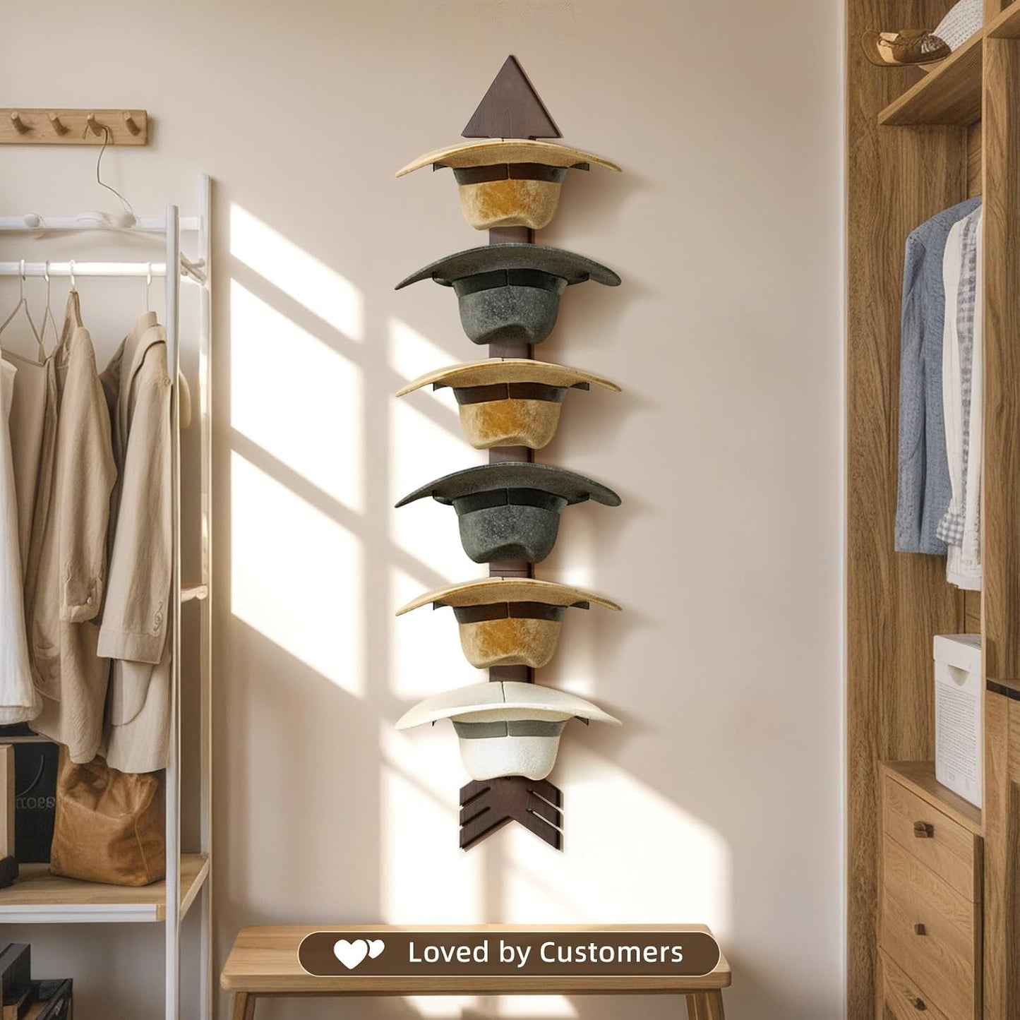 Cowboy Hat Rack Wall Mount, Solid Wood Arrow Design 6PK Cowboy Hat Holder | Western Decor, Hat Organizer Storage, Hat