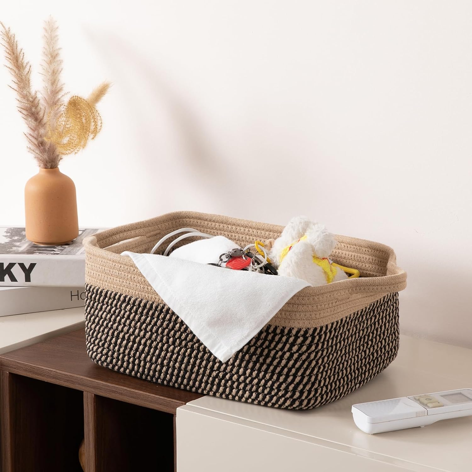Woven Cotton Rope Basket / Brown & Black / 13.8''x9.8''x5.5 / Set of 3