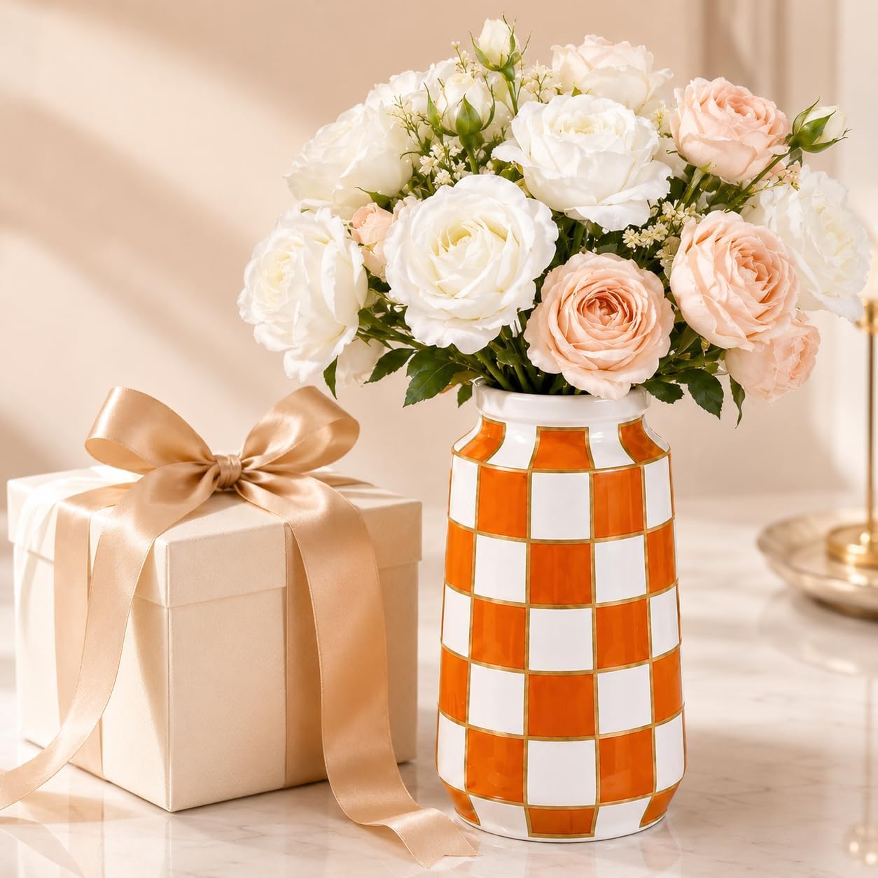 Black and White Ceramic Vase / Orange