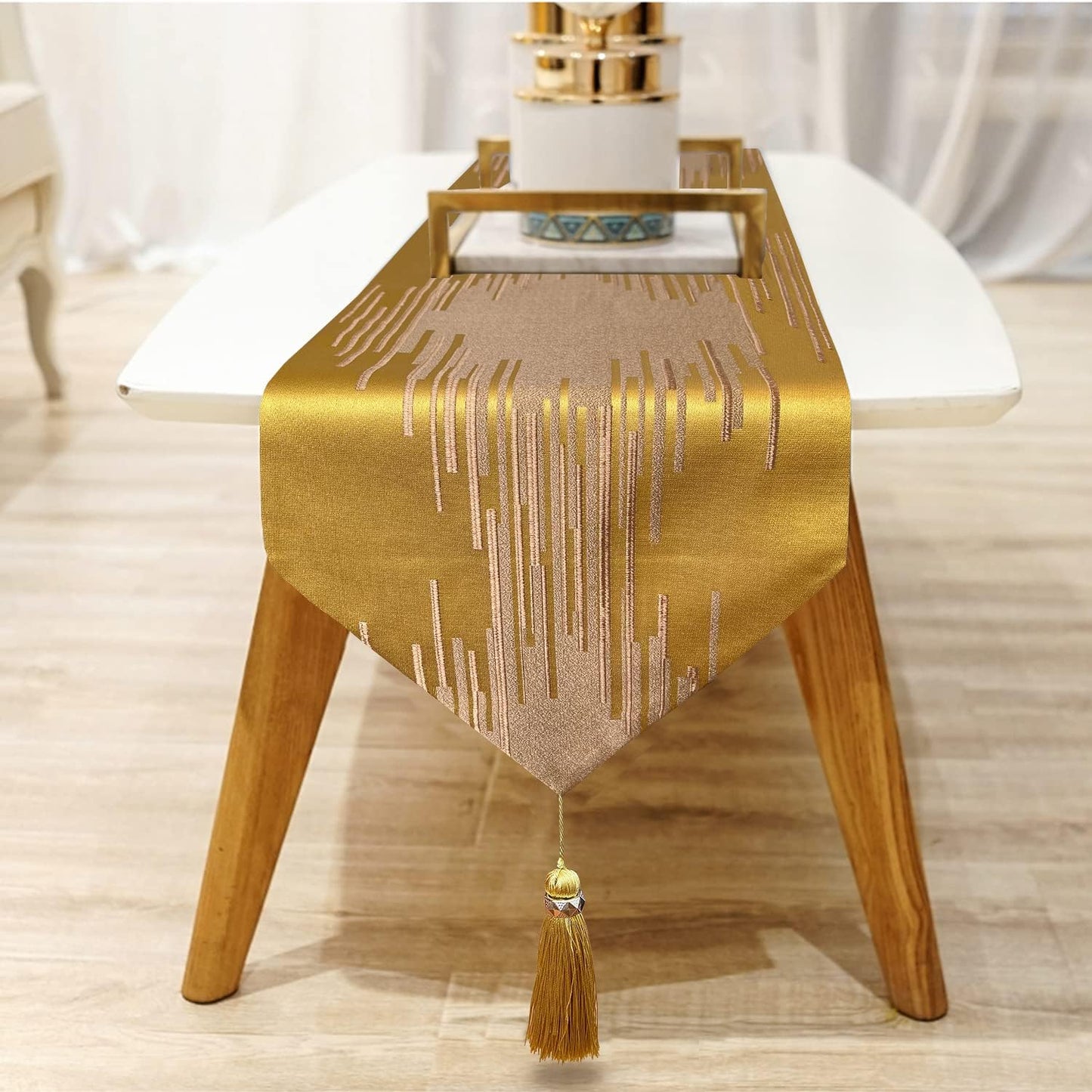 Luxury Gold Texture Table Runner,13"x120", Modern Abstract Striped, Tassel | Table Runner 120 Inches Long, Elegant