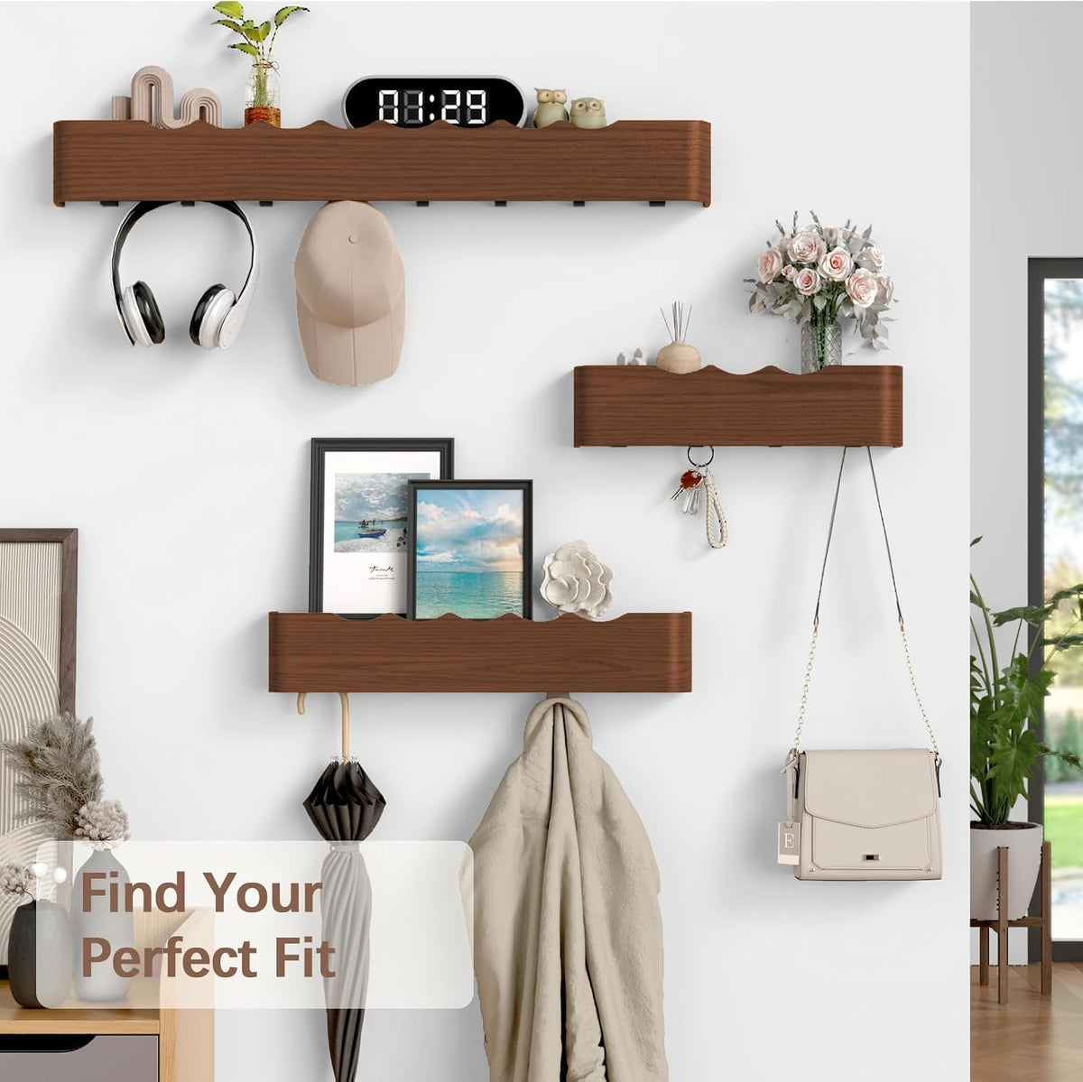 Coat Rack Wall Mount with Hidden Hooks, Wall Hooks with Shelf, Wall Key Holder Mount Wooden Shelf Entryway Hooks for