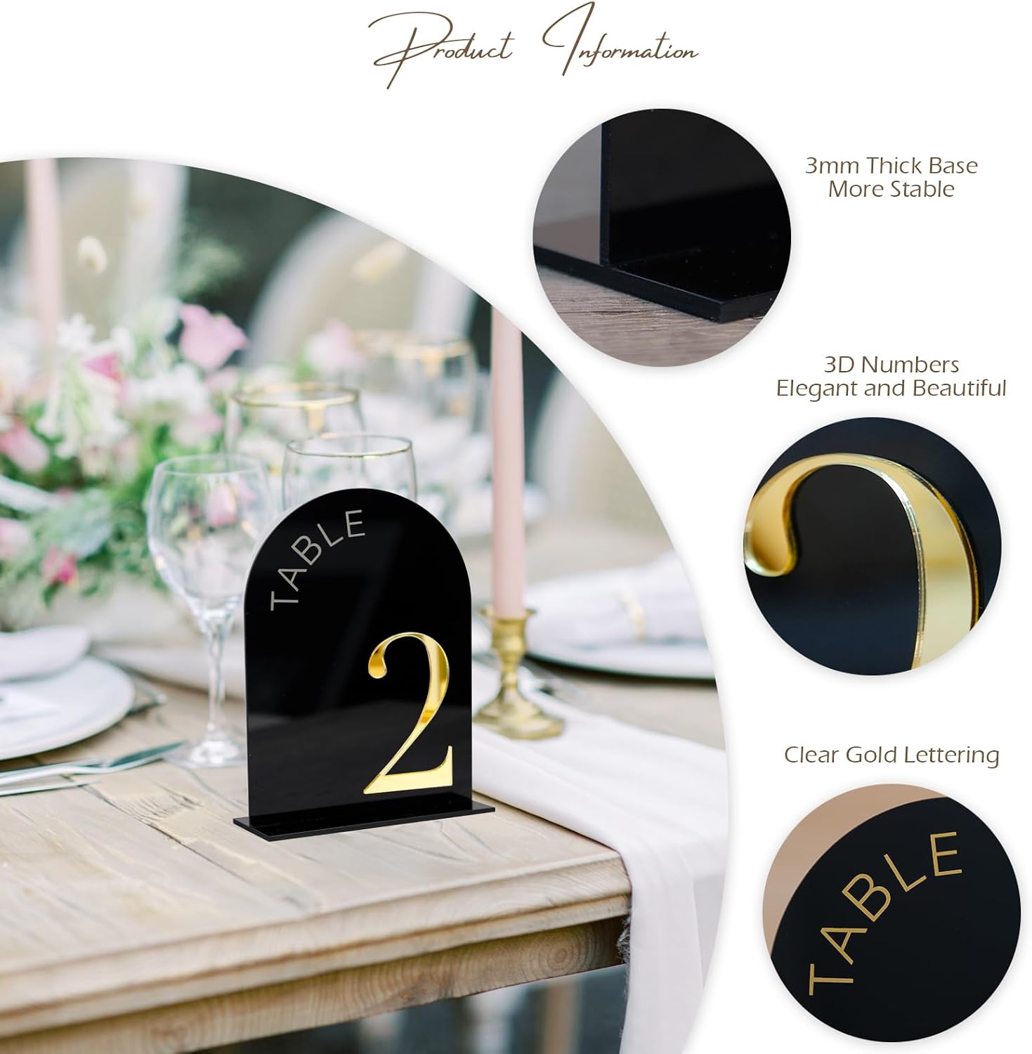 Black Arch Wedding Table Numbers 1-20, Gold Numbers and Stands | 10 Pack 5x7 Inch Black Arch Acrylic Sign with Raised