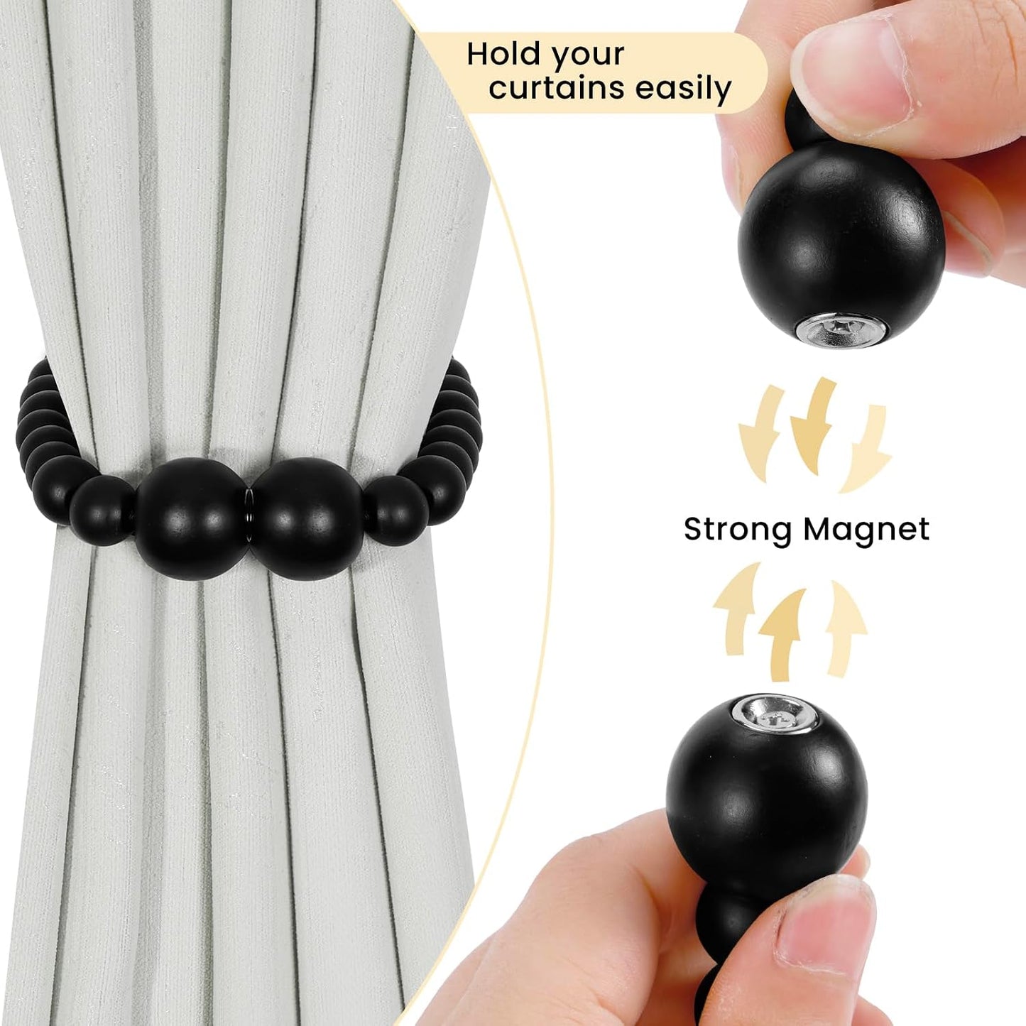 KLOGTSIND Magnetic Curtain Tiebacks, 6 Pack Wood Bead Curtain Holdbacks | Curtain Holders for Bedroom Decor, Boho Room