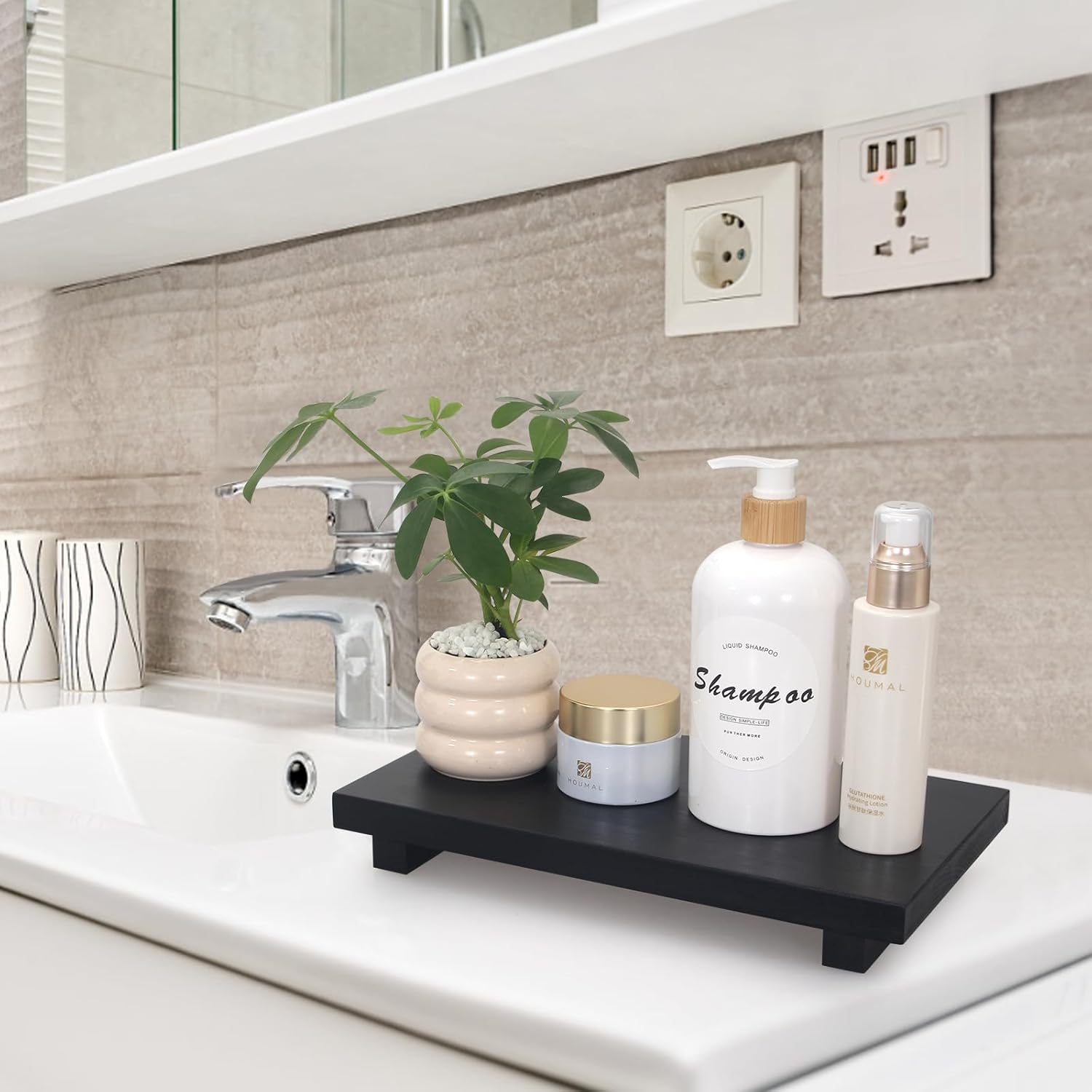 Bathroom Vanity Counter Tray Decor Farmhouse Wood Risers Kitchen Soap Sink / Black / 10 x 6 x 1.6