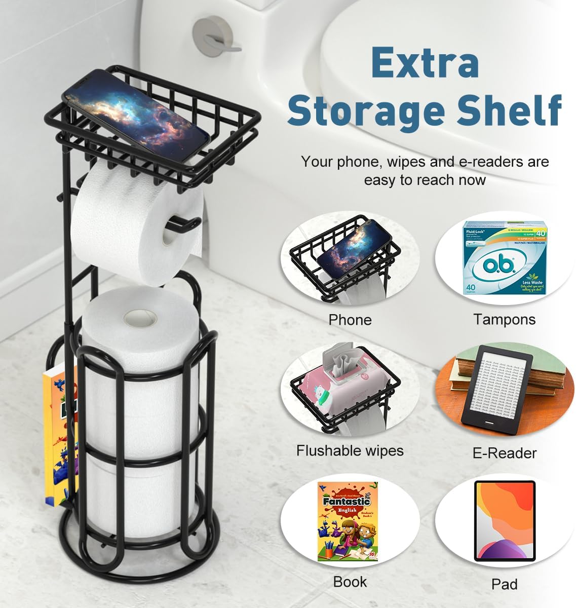 [Upgrade] Toilet Paper Holder Stand with Shelf Tissue Holders for Bathroom Free Standing Bath Tissue Roll Holder