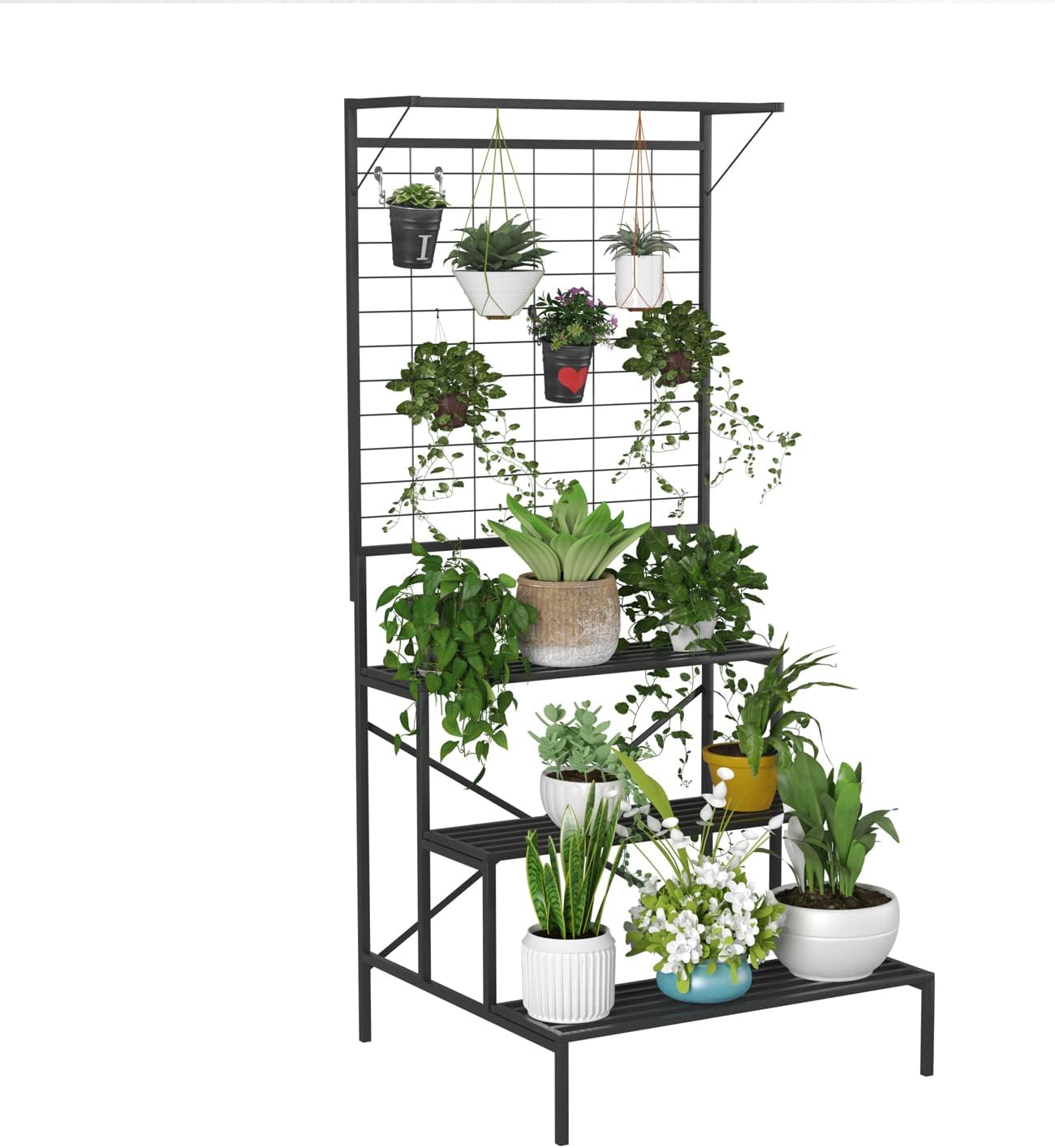 Zhongma 3 Tier Large Heavy Duty Plant Stand with Hanging Plant pot shelf, 35.43 x 33.27 x 78.74, Tall multi layer Plant