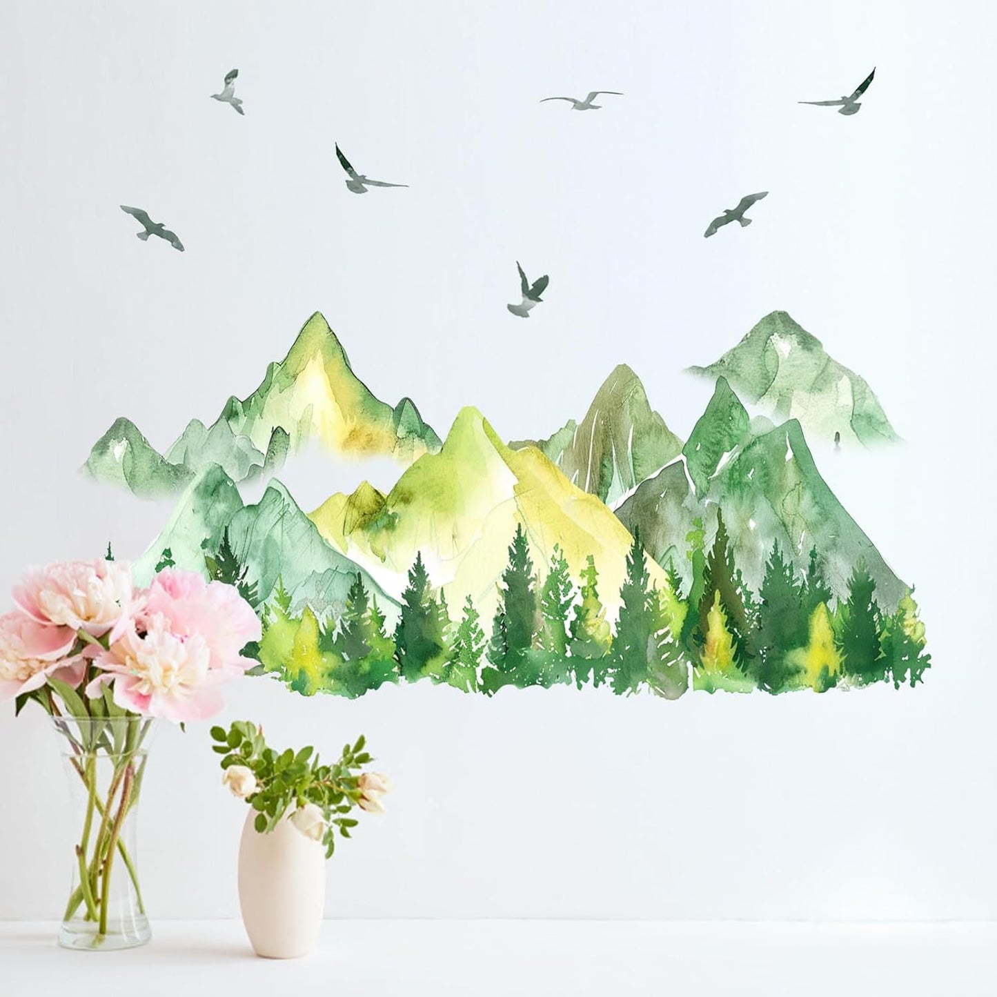 Watercolor Wall Decals Stickers / Mountain Birds / Green