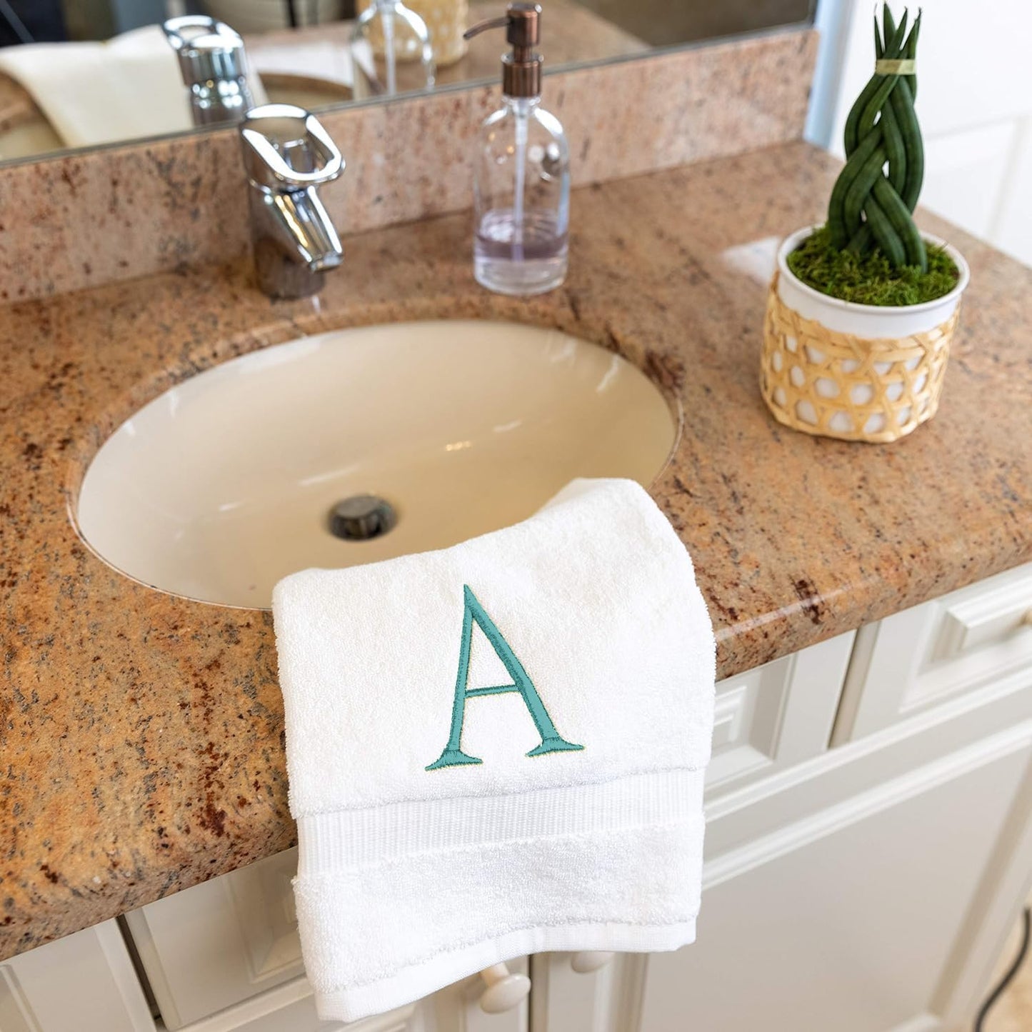 White with Teal Monogrammed Hand Towels for Bathroom - Set of 2 Letter A | Luxury Hotel Quality Initial Towels For