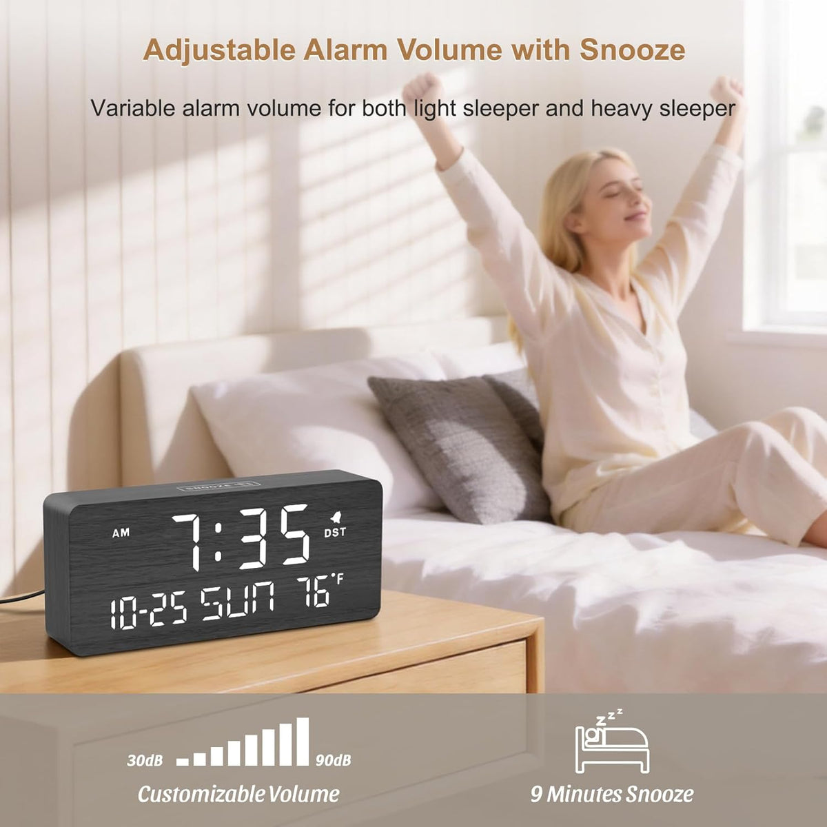 DreamSky Wooden Digital Alarm Clocks for Bedrooms with Date & Day of Week | Living Room Desk Clock, Temperature, USB