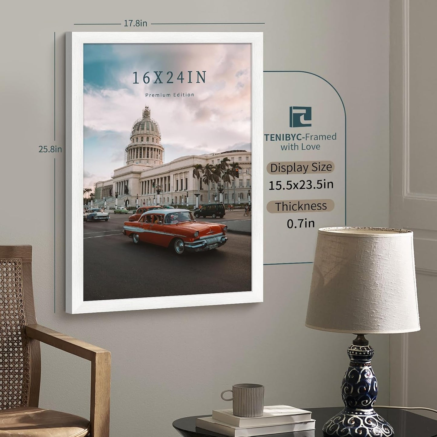 16x24 Picture Frame, White Wood, 3 Pack, Wall Hanging for Poster | Thick Polished Plexiglass, Travel Poster Frame for