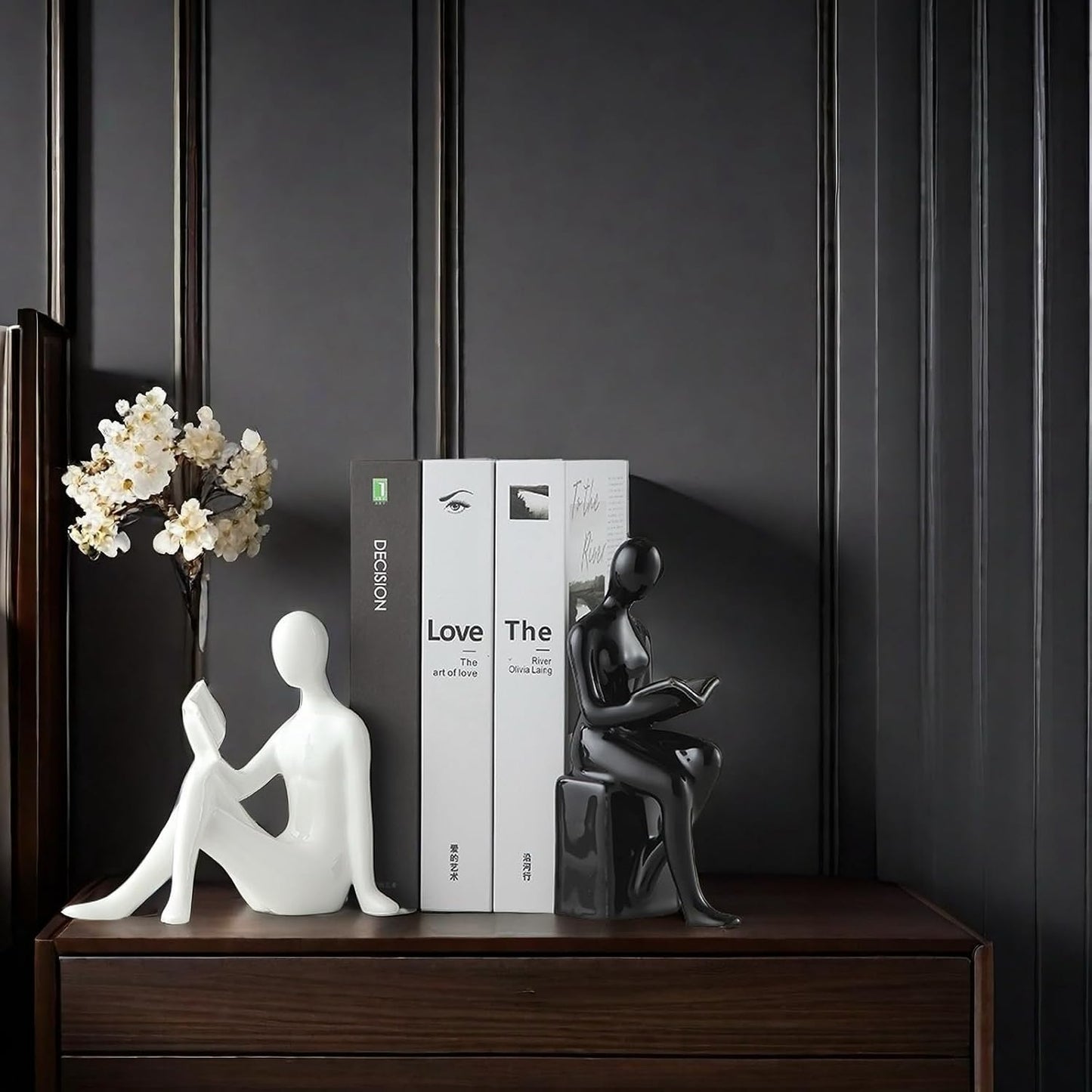 Home Decorative Reading Couple Statue Bookends Elegant Ceramic Bookshelf Room / Black and White
