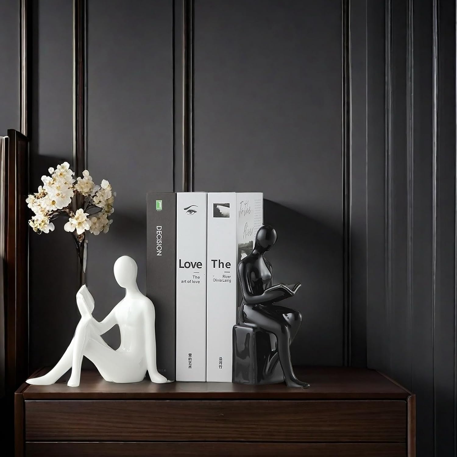 Home Decorative Reading Couple Statue Bookends Elegant Ceramic Bookshelf Room / Black and White