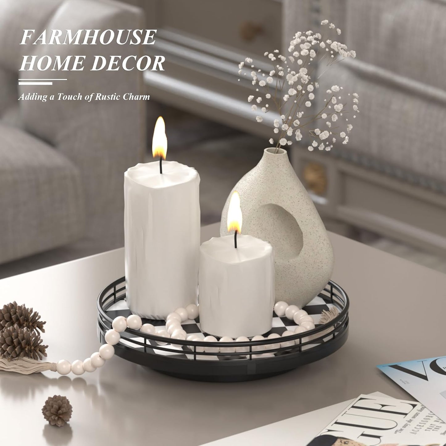 Checkered Round Decorative Tray / Black & White / 9 Inches