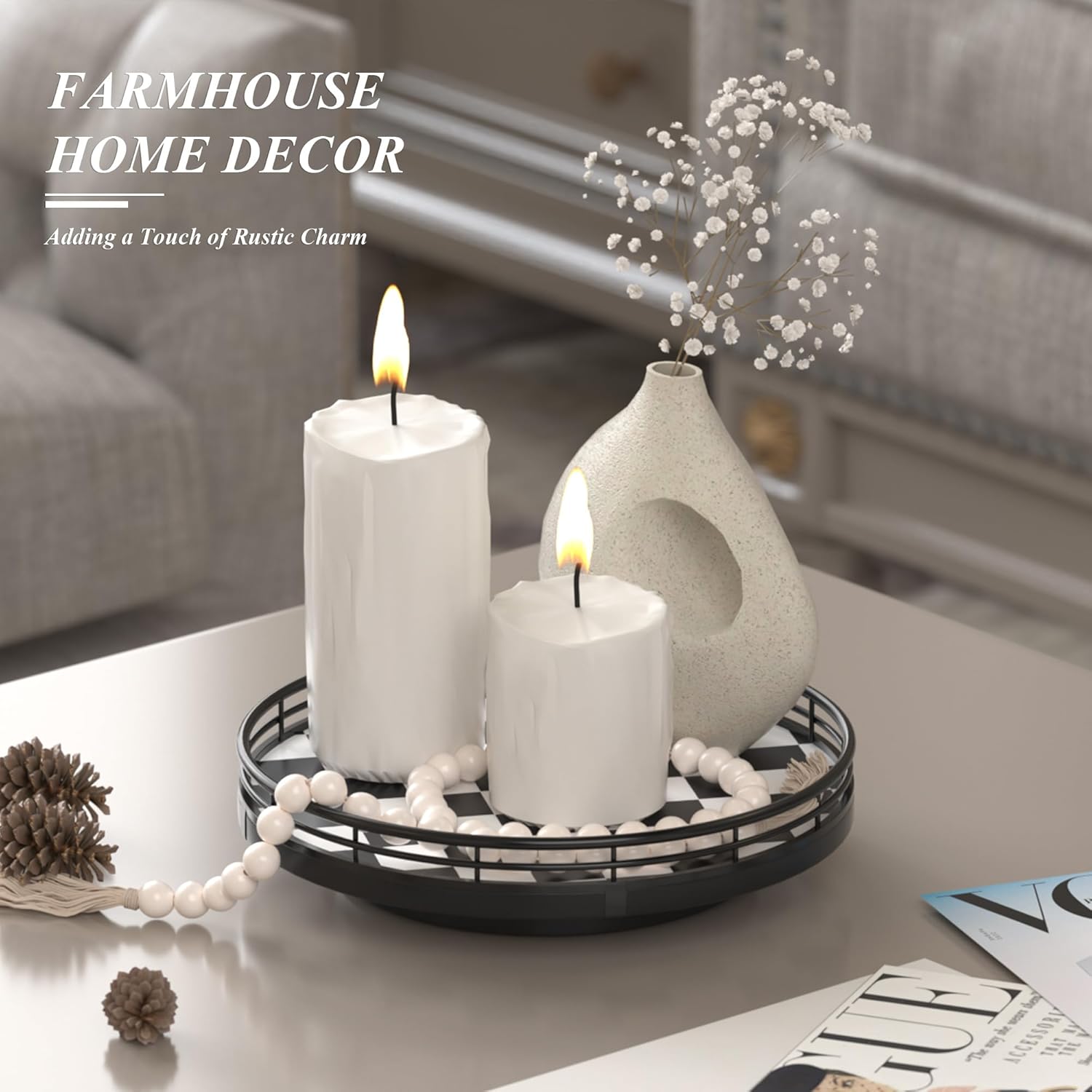 Checkered Round Decorative Tray / Black & White / 9 Inches