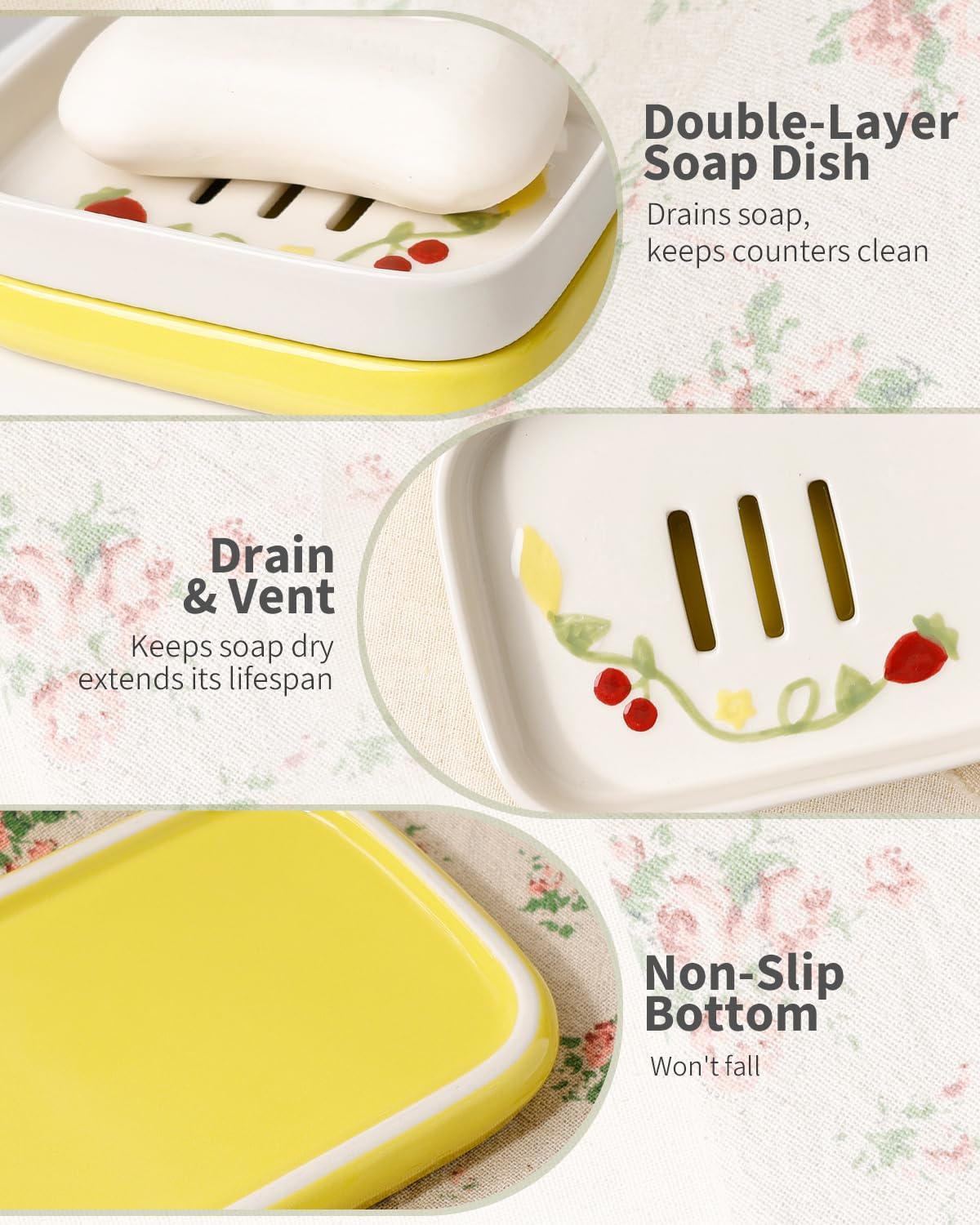Handpainted Farmhouse Self Draining Soap Holder / Yellow