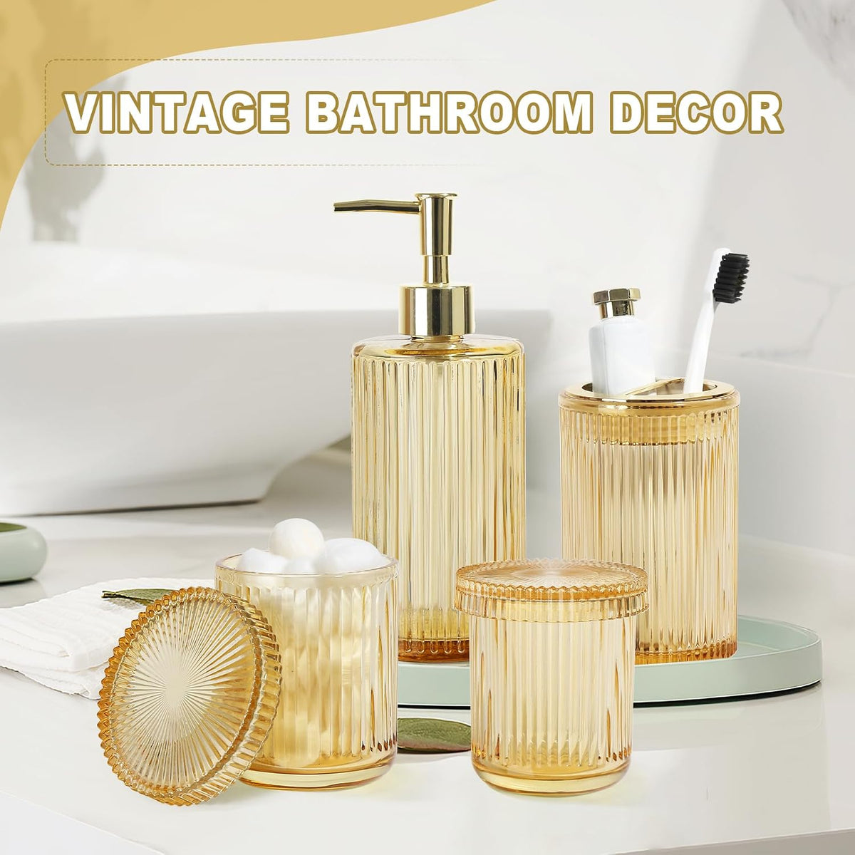 KASUNTING Gold Bathroom Accessories 4 Pcs, Gold Glass Soap Dispenser and Toothbrush Holder Set, Qtip Holder Set, Glass