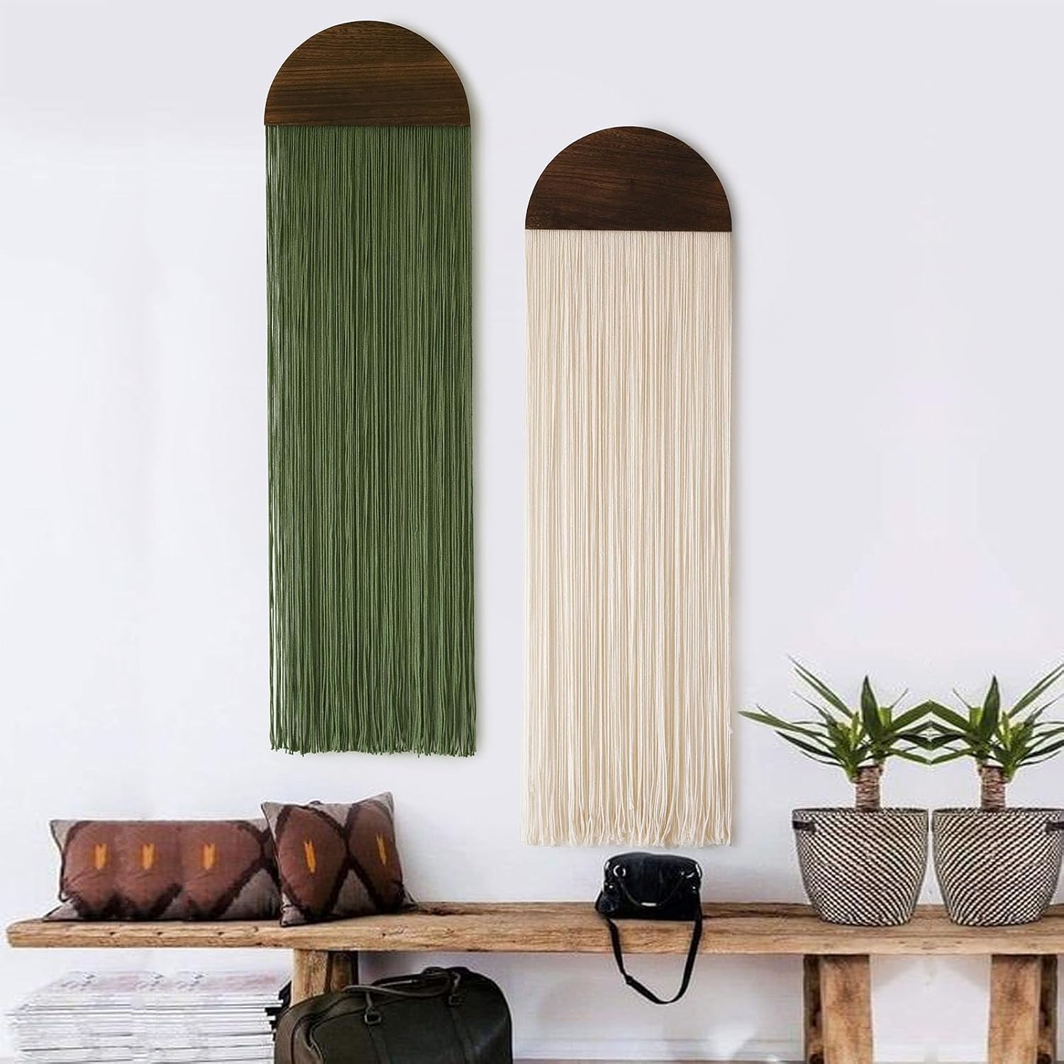 Macrame Wall Hanging Boho Decor Wall Tapestry Handmade Round Tassel / Ivory and Green / Set of 2
