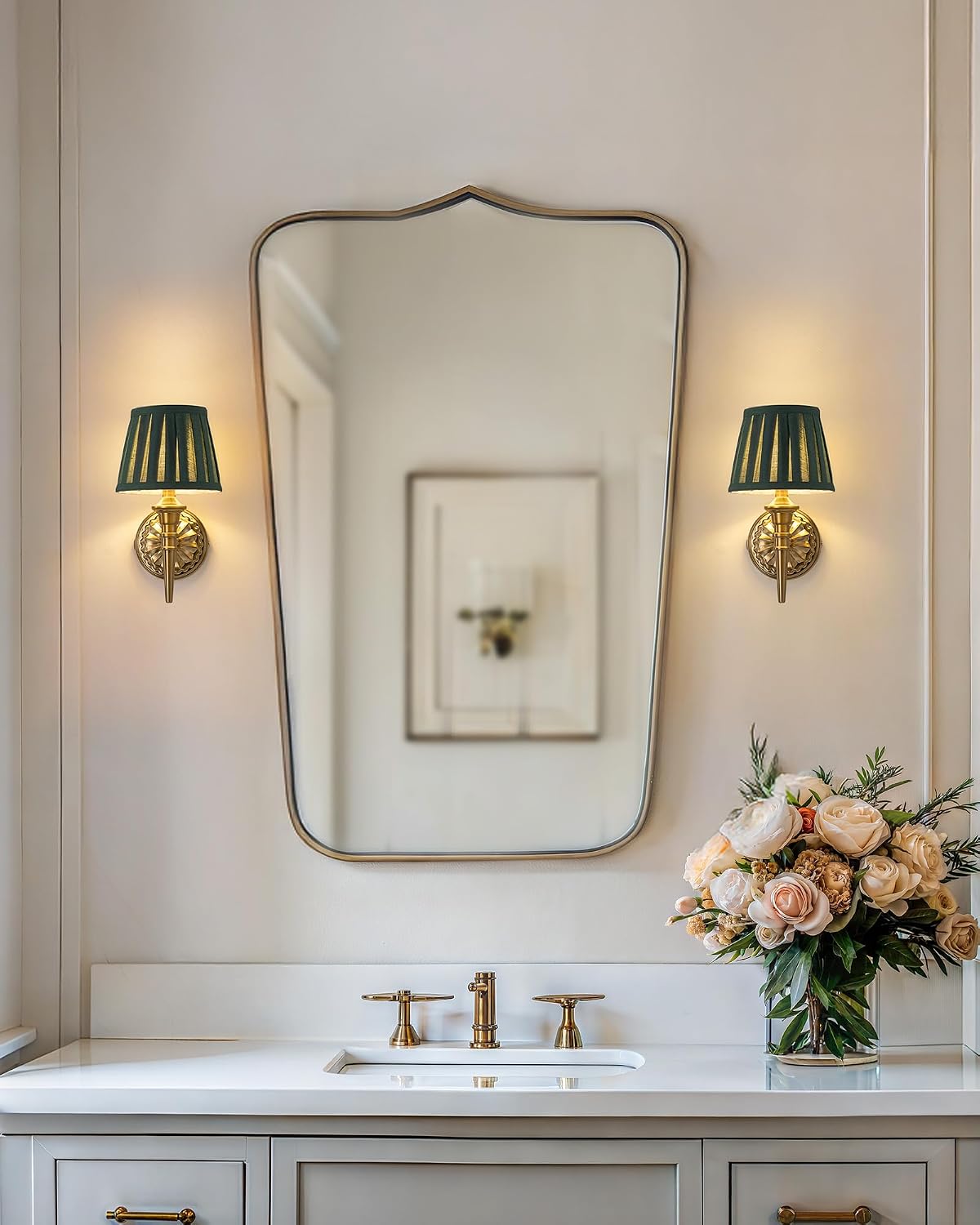 KDG Cordless Gold Wall Sconces Set of 2, Green Fabric Lampshde Wall Lamps | Small LED Wireless Portable Rechargeable