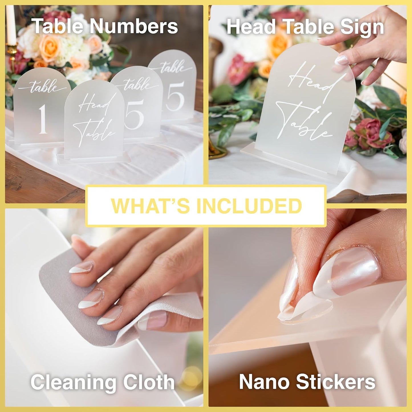 Frosted Arch Acrylic Table Numbers for Wedding Reception - 5" x 7" White Font Centerpiece Set with Holder Stands & Head