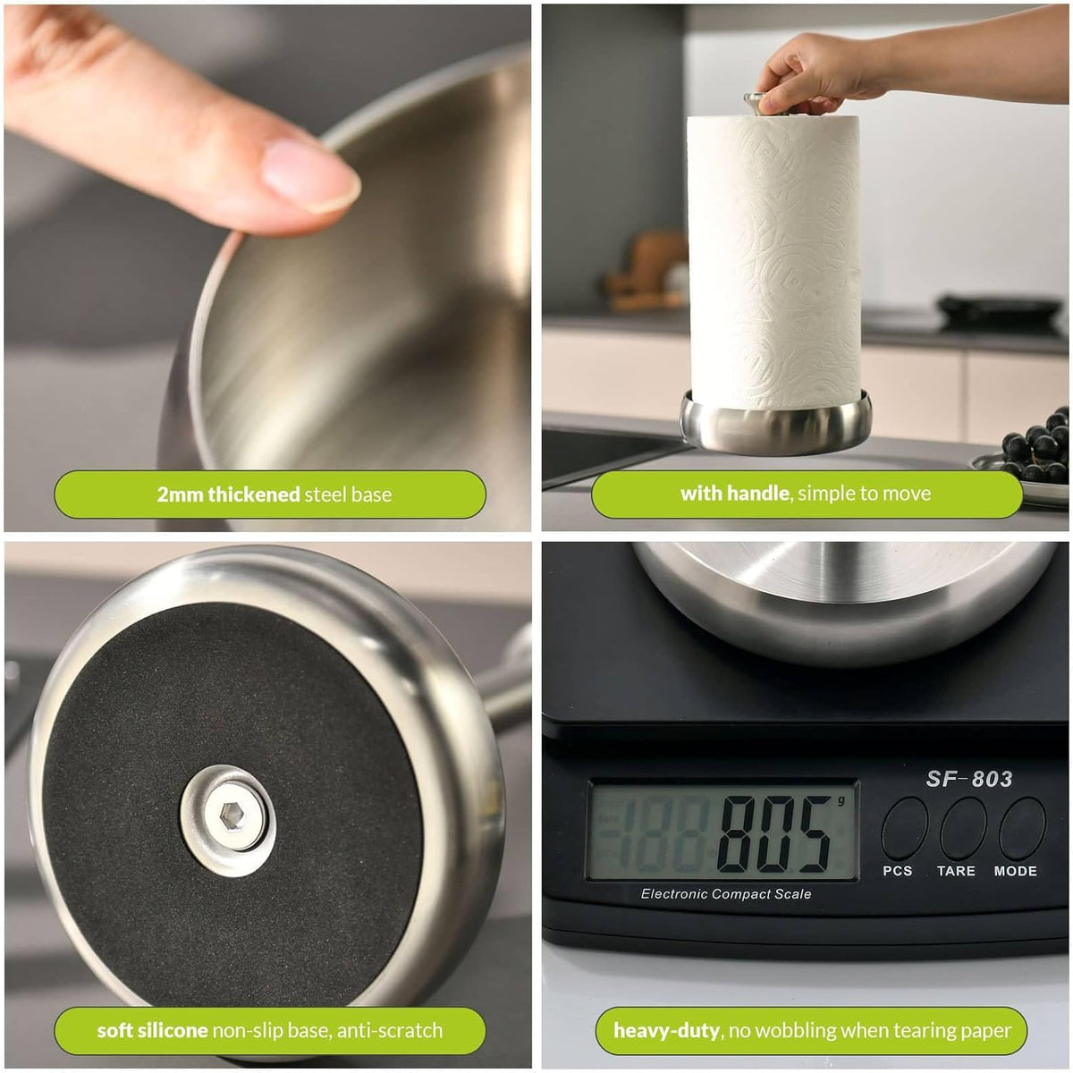 Paper Towel Holder Stand Keep Rolled Up (SUS304 Brushed Stainless Steel) | paper won’t unravel | weighted base