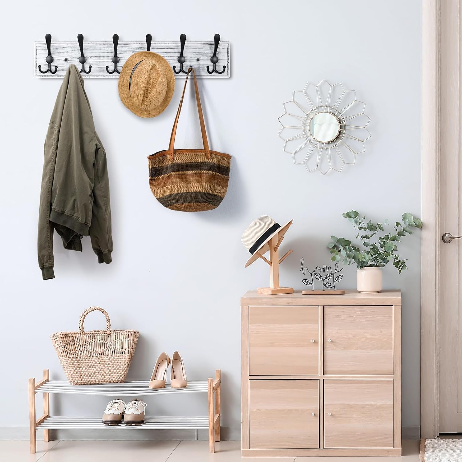 Coat Rack Wall Mount, Wooden Heavy Duty Coat Rack for Wall,6 Triple Coat Hanger Hooks for Hanging