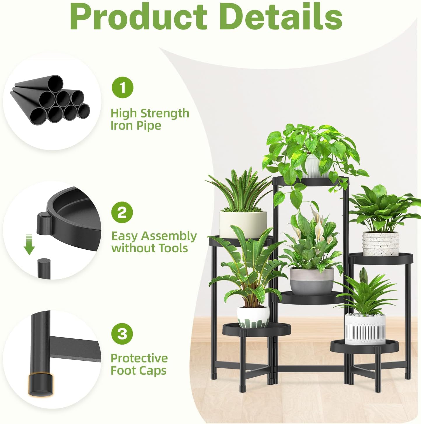 iDavosic.ly 6 Tier Folding Plant Stand Indoor Outdoor, Plastic Tray, Black | Space Saving Tiered Corner Storage Display
