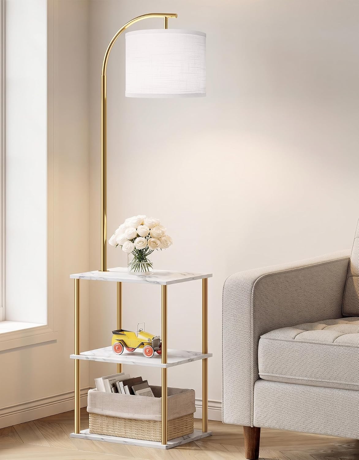 PARTPHONER Floor Lamp with Table, Night Stand with Lamp, Narrow Side Table with 3CCT LED Bulb, Small Coffee Table